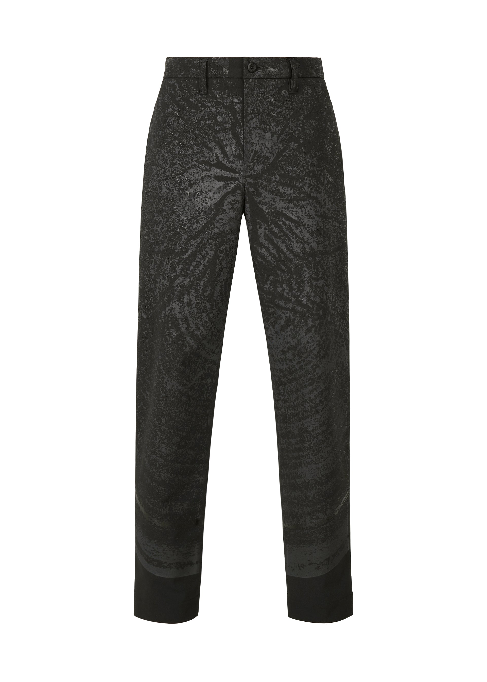 Zoomed view The IM MEN KAIYU pants are straight-leg, black ash glaze with a subtle shiny texture and sheen. They feature belt loops, a button closure, and visible seam detailing at the cuffs. - BLACK （no.15）