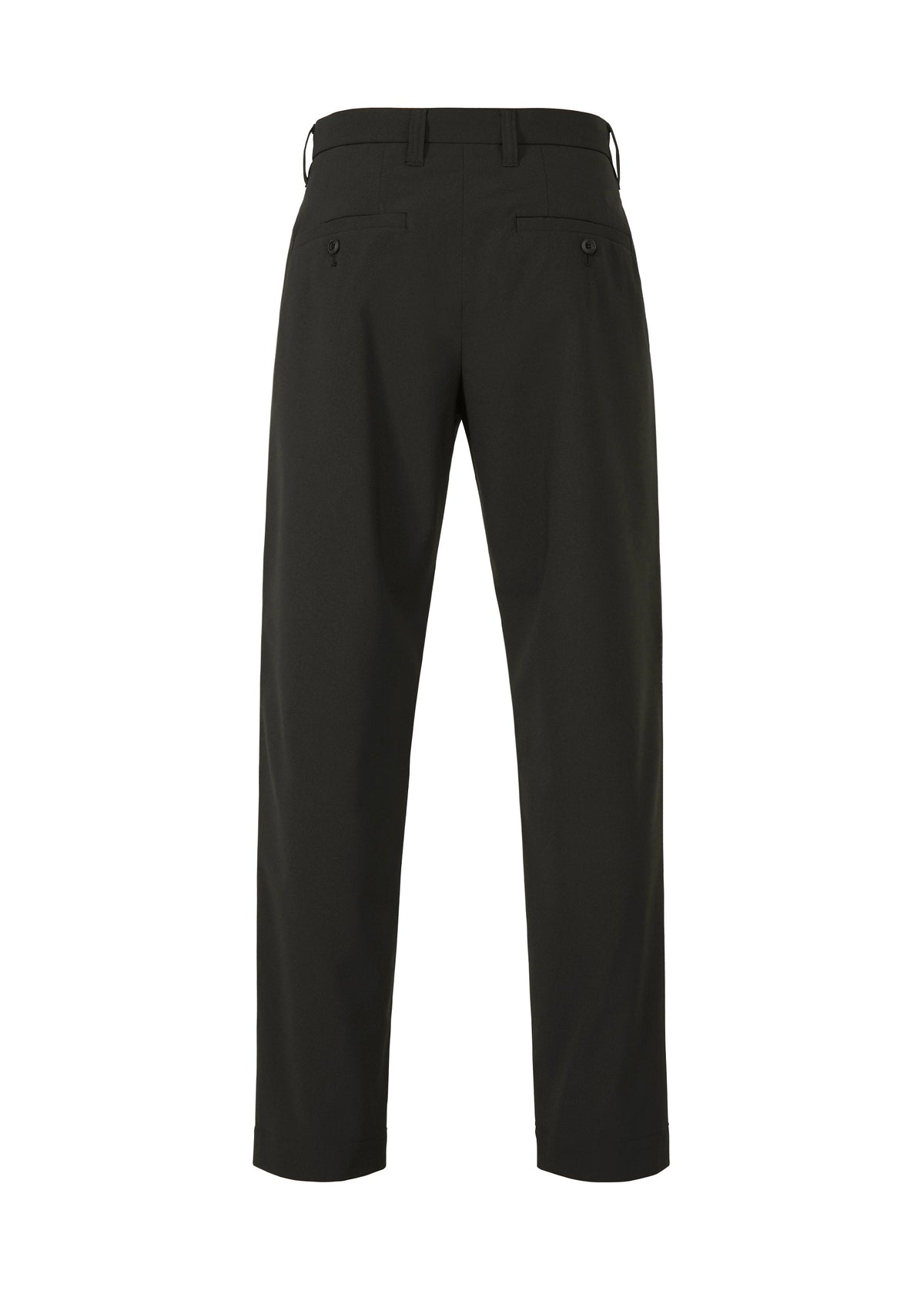 Back view of IM MEN KAIYU pants in black ash glaze with belt loops, two buttoned back pockets, and a straight-leg fit, displayed on a white background—ideal for fans of ceramic-inspired styles. view 3 of 8
