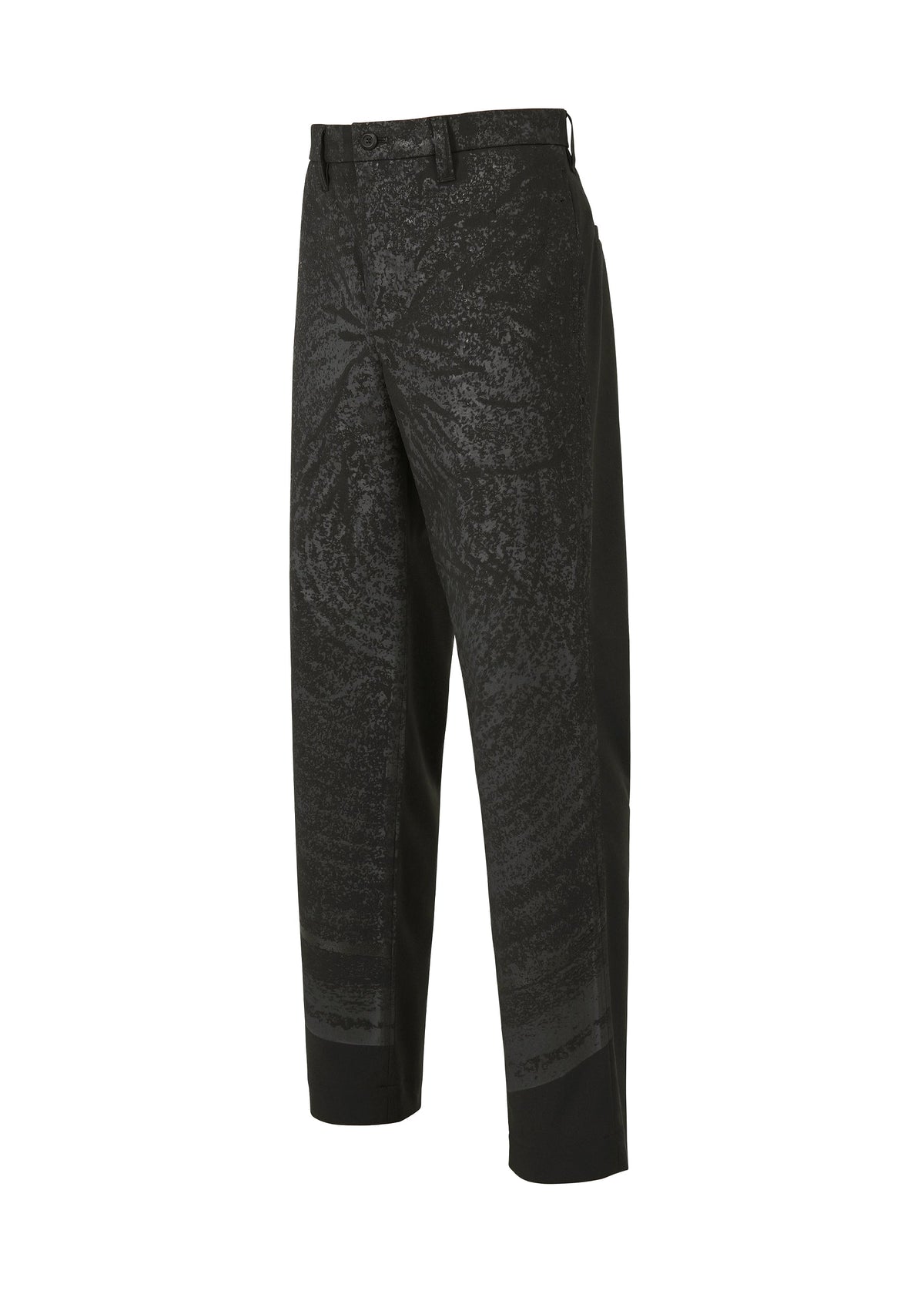 The IM MEN KAIYU black pants feature a subtle glossy swirl pattern inspired by ash glaze ceramics, with front button and zipper closure, belt loops, and a straight-leg cut. Displayed against a white background. view 4 of 8
