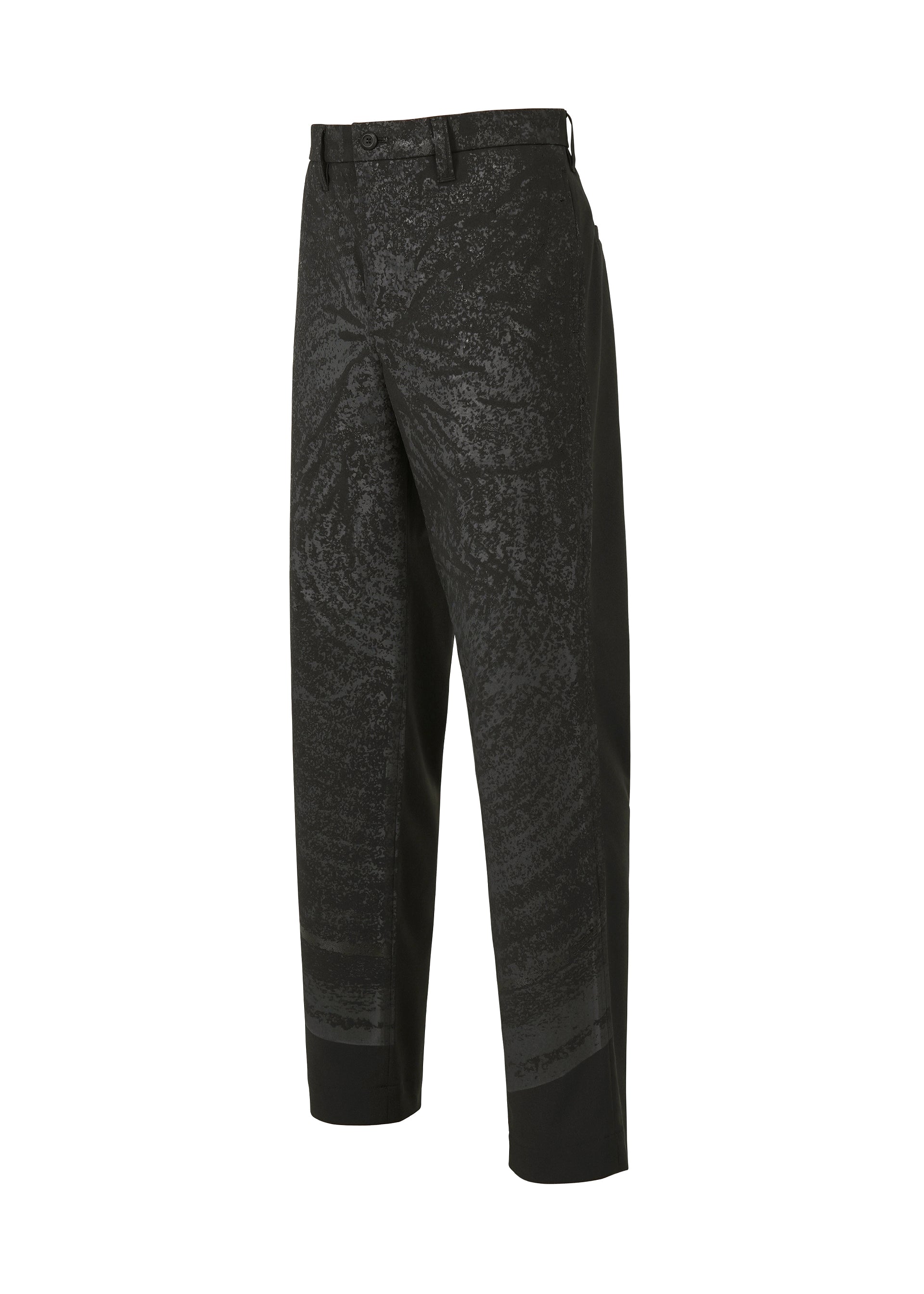 Zoomed view The IM MEN KAIYU black pants feature a subtle glossy swirl pattern inspired by ash glaze ceramics, with front button and zipper closure, belt loops, and a straight-leg cut. Displayed against a white background.
