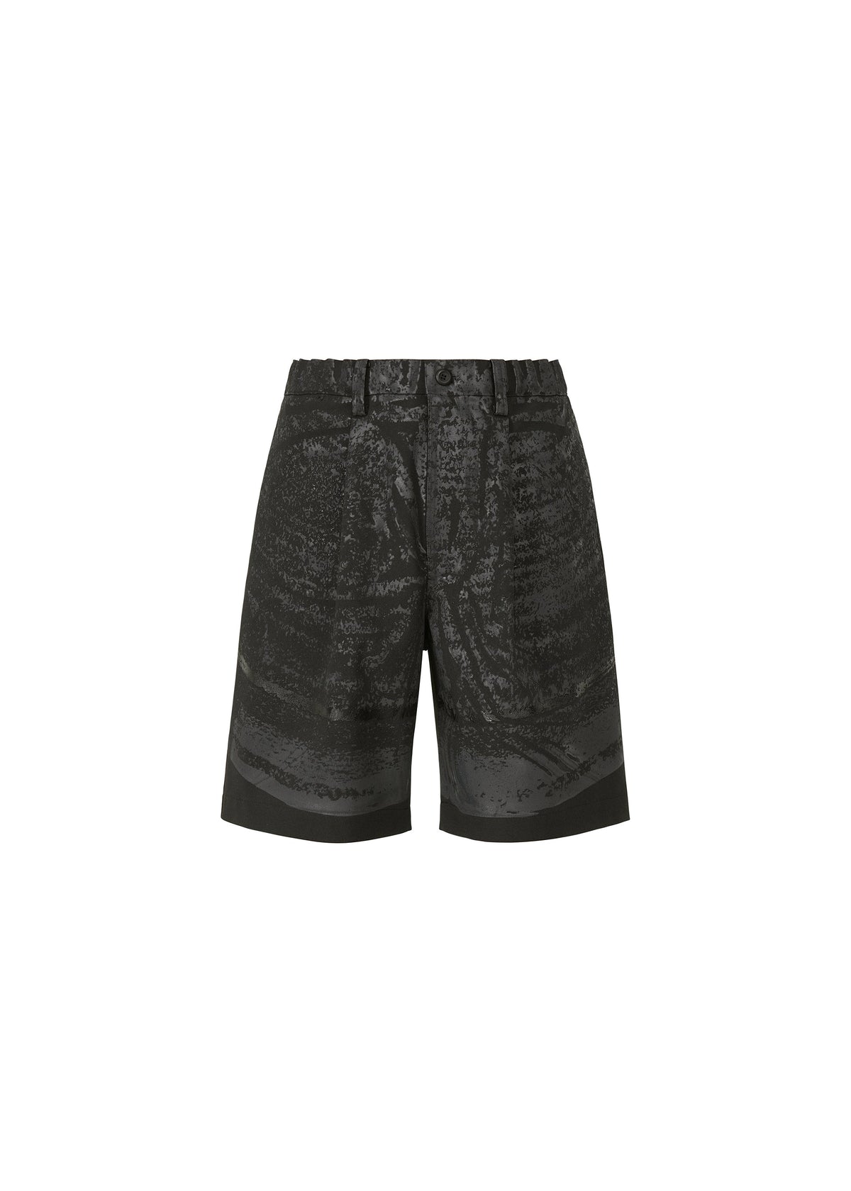 IM MEN KAIYU black high-waisted shorts with a subtle textured pattern, button and zip closure, belt loops, and side pockets, shown on a plain white background. view 1 of 8