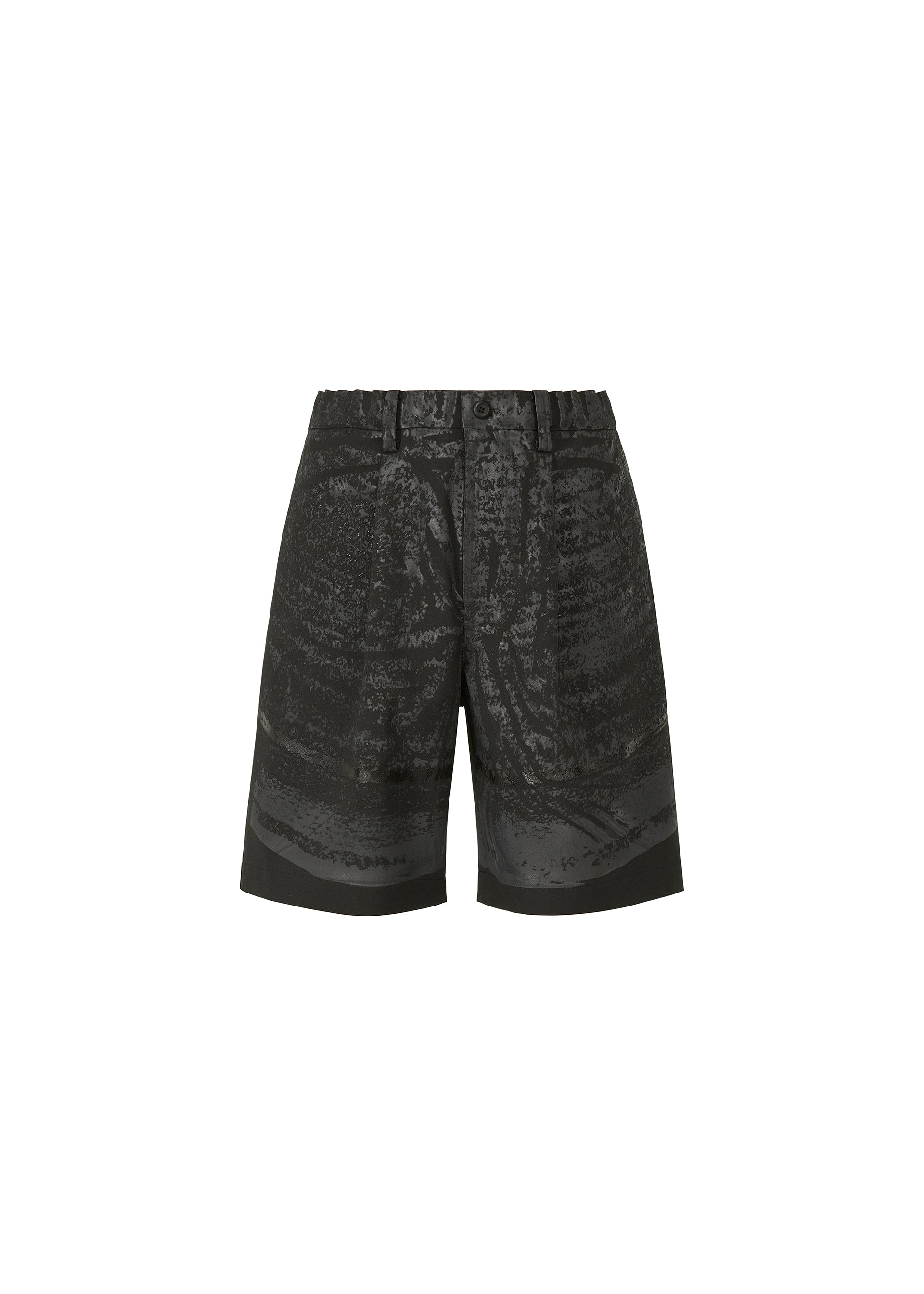 Zoomed view IM MEN KAIYU black high-waisted shorts with a subtle textured pattern, button and zip closure, belt loops, and side pockets, shown on a plain white background. - BLACK （no.15）