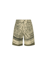 The IM MEN KAIYU shorts feature a textured abstract pattern in beige and olive green ceramic hues, detailed with belt loops, front pockets, and a button closure. - KHAKI （no.65）