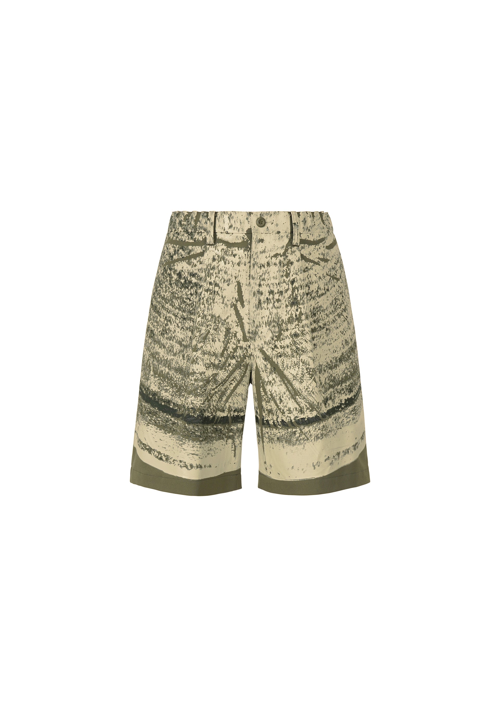 Zoomed view The IM MEN KAIYU shorts feature a textured abstract pattern in beige and olive green ceramic hues, detailed with belt loops, front pockets, and a button closure. - KHAKI （no.65）