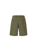 The IM MEN KAIYU olive green ceramic artist shorts feature an elastic waistband, belt loops, and two back pockets with button closures, shown on a white background.