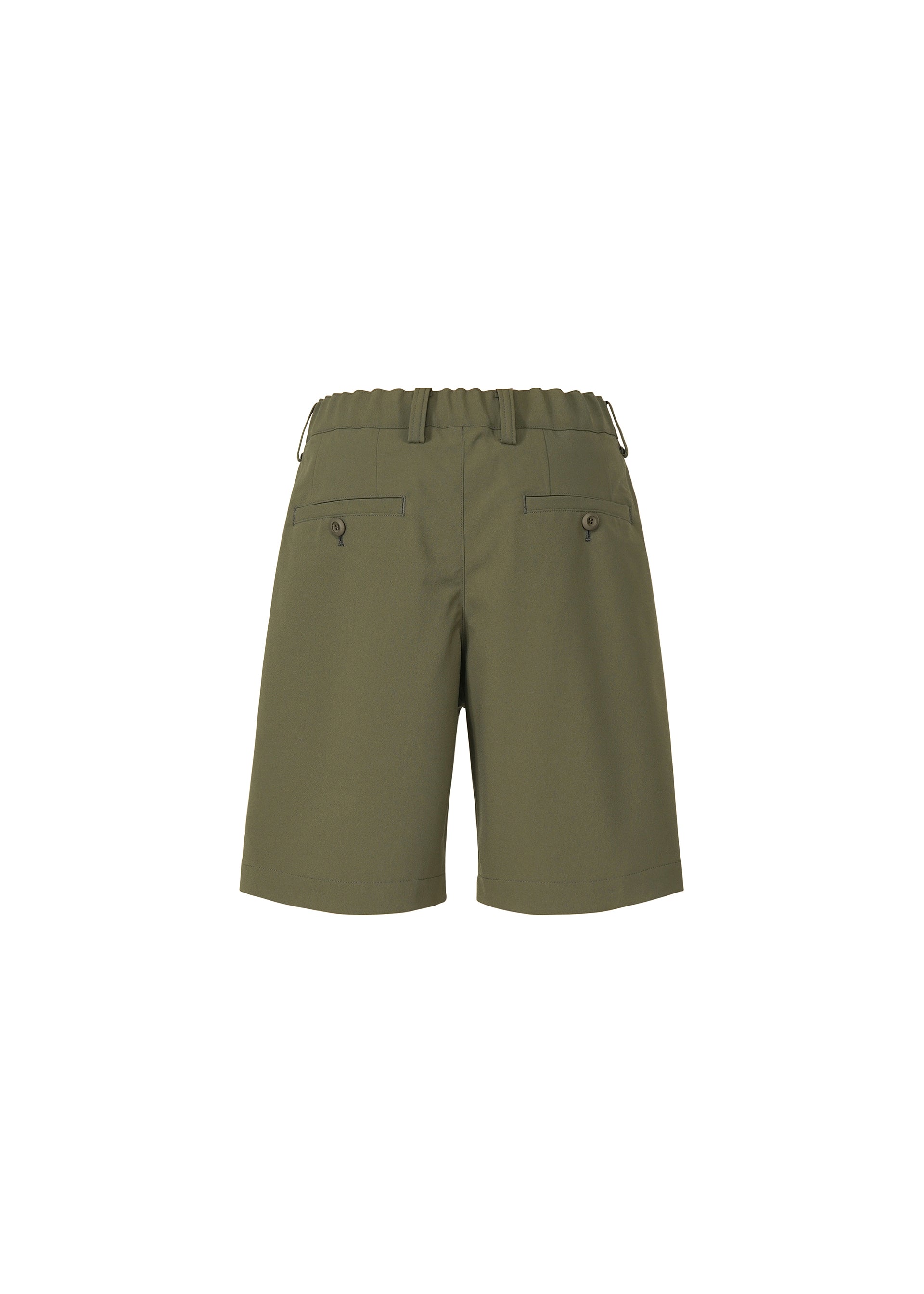Zoomed view The IM MEN KAIYU olive green ceramic artist shorts feature an elastic waistband, belt loops, and two back pockets with button closures, shown on a white background.