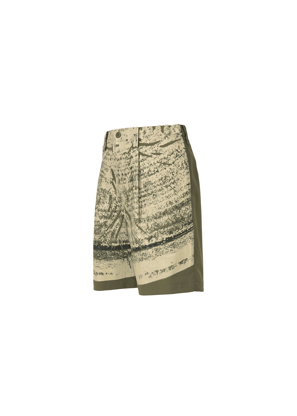 The IM MEN KAIYU shorts are khaki green ceramic artist shorts featuring an abstract black and beige print made with pigment printing, shown against a white background. view 4 of 8