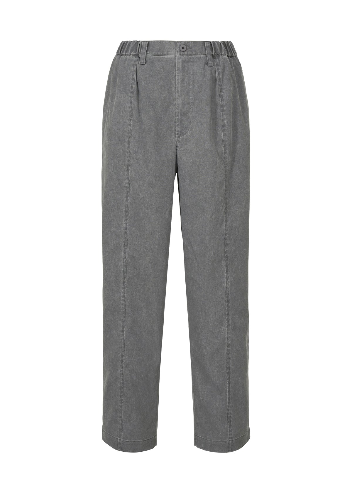 IM MEN’s AIR WASH pants feature a loose, high-waisted fit in gray plant-derived polyester with a washed look. They have side elastic waistband, pleated front, button and zip closure, and straight legs for lightweight comfort. view 1 of 8