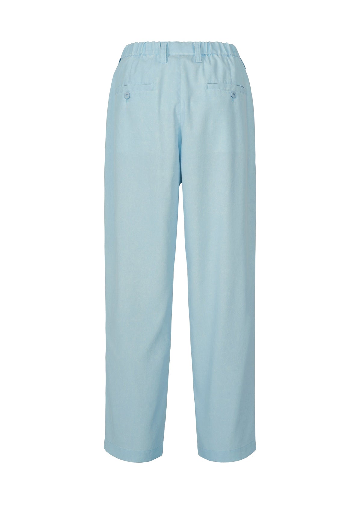 IM MEN's AIR WASH lightweight pants in light blue, made from plant-derived polyester with an elastic waistband and two back pockets, are shown from the back on a plain white background. view 3 of 8