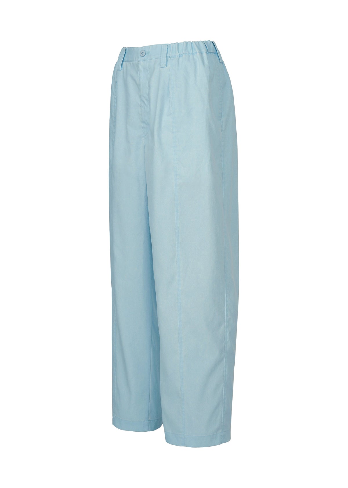 IM MEN's AIR WASH pants in light blue feature a high waist, wide-leg fit, lightweight plant-derived polyester, elastic back waistband, button closure, and side pockets. Shown on a white background. view 4 of 8
