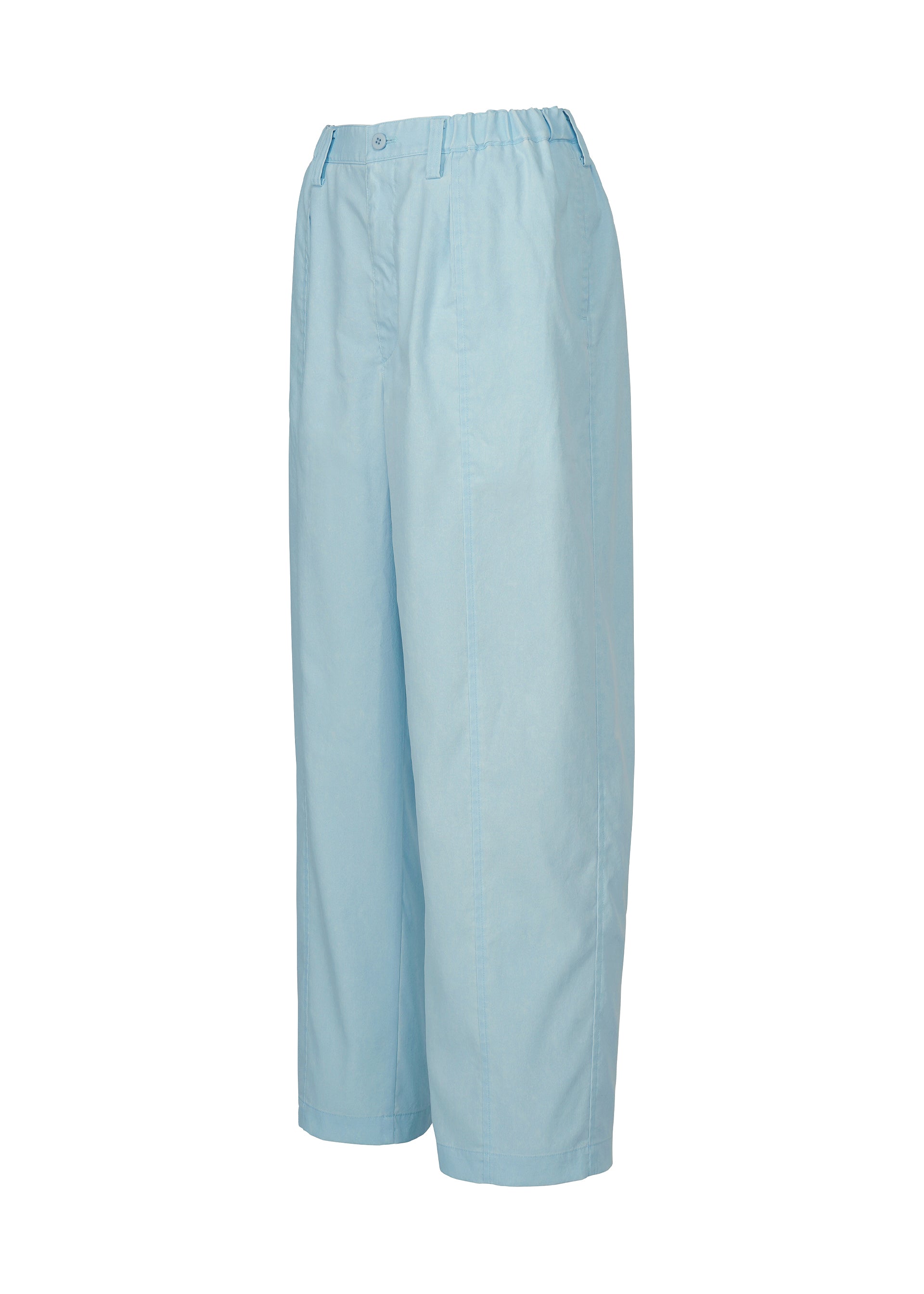 Zoomed view IM MEN's AIR WASH pants in light blue feature a high waist, wide-leg fit, lightweight plant-derived polyester, elastic back waistband, button closure, and side pockets. Shown on a white background.