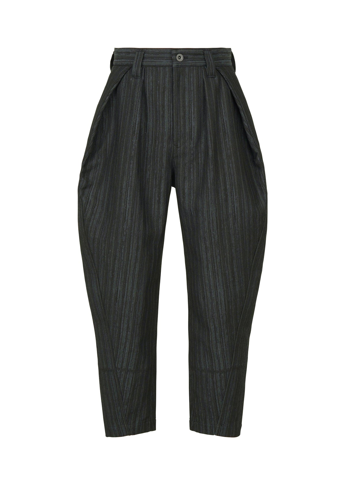 IM MEN's CURVINESS pants are high-waisted, dark gray pinstriped cotton-linen trousers with a pleated front, tapered legs, and slanted side pockets, shown on a white background. view 1 of 8