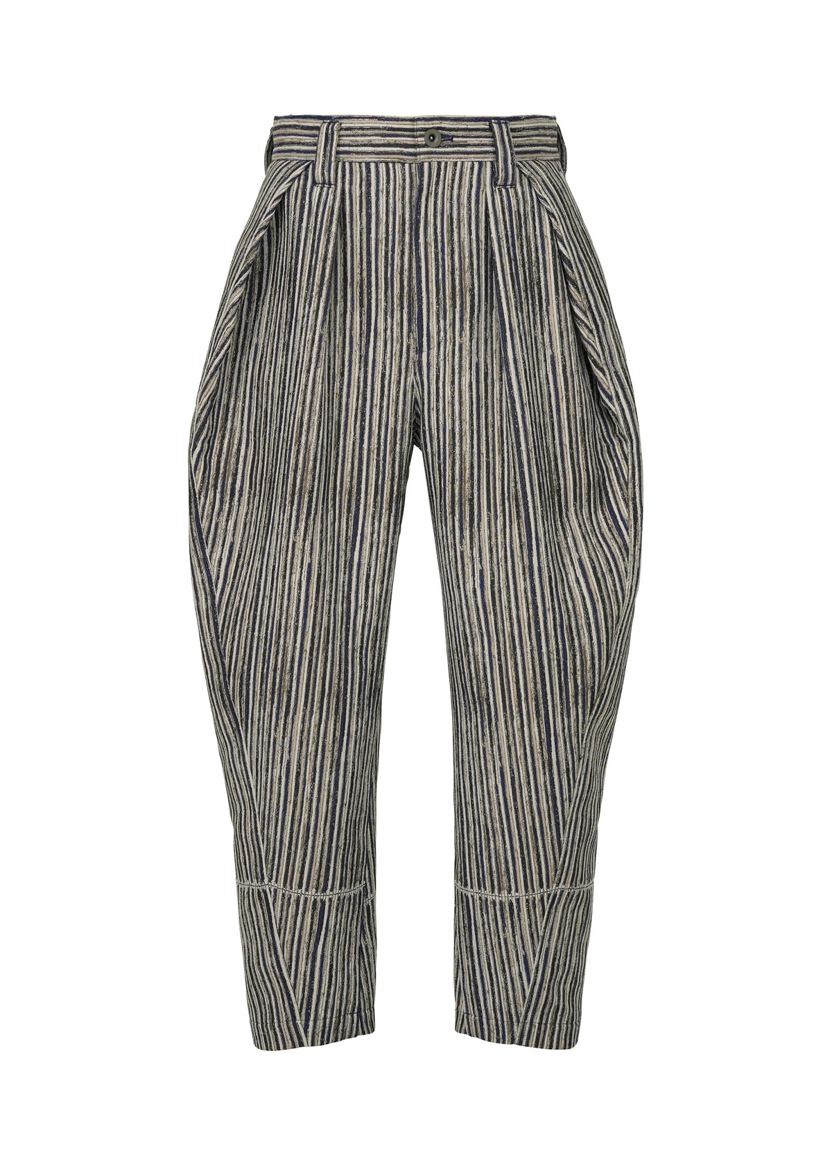 CURVINESS by IM MEN: High-waisted, wide-leg jacquard pants with vertical navy and white stripes, pleated front, tapered ankles, side pockets, and belt loops for a vintage-inspired, structured silhouette. view 2 of 8