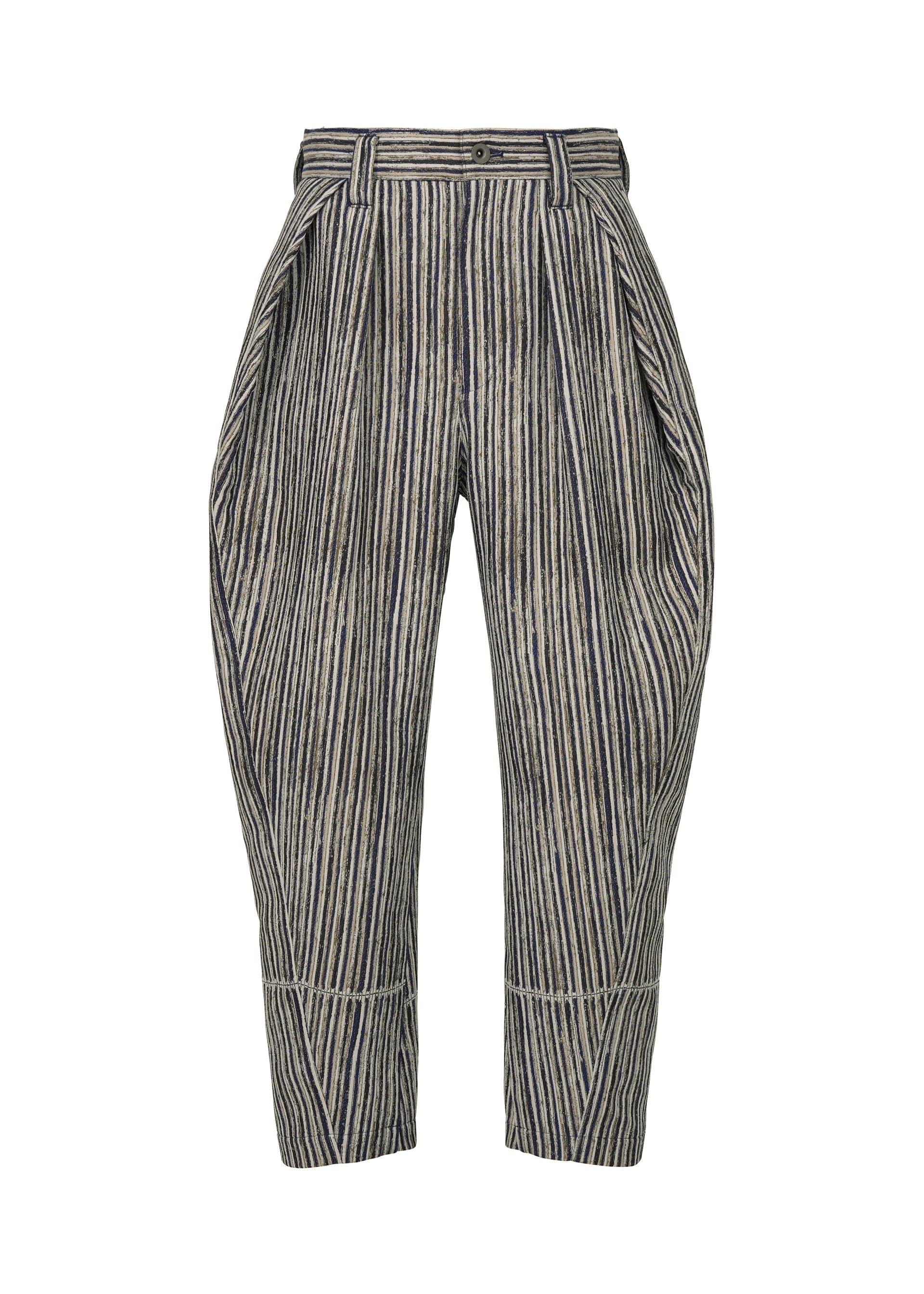 Zoomed view CURVINESS by IM MEN: High-waisted, wide-leg jacquard pants with vertical navy and white stripes, pleated front, tapered ankles, side pockets, and belt loops for a vintage-inspired, structured silhouette. - LIGHT BLUE （no.70）