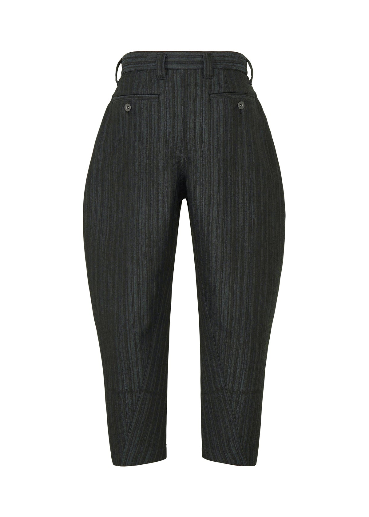 IM MEN's CURVINESS pants are high-waisted, cropped black trousers with subtle pinstripes, front pleats, side and back pockets, belt loops, and a cotton-linen texture for comfort and refined style. view 3 of 8