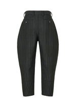 IM MEN's CURVINESS pants are high-waisted, cropped black trousers with subtle pinstripes, front pleats, side and back pockets, belt loops, and a cotton-linen texture for comfort and refined style.