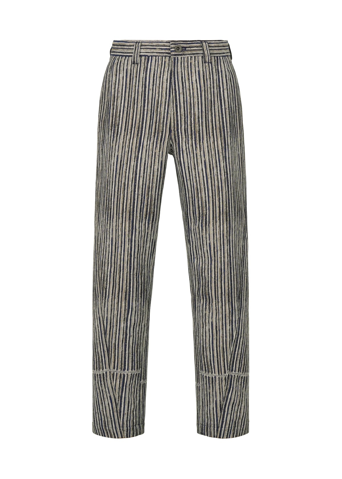 The CURVINESS pants by IM MEN are high-waisted, straight-leg jacquard loom trousers with button and zip closure, belt loops, and vertical black and beige stripes with horizontal striping at the ankles. view 1 of 7