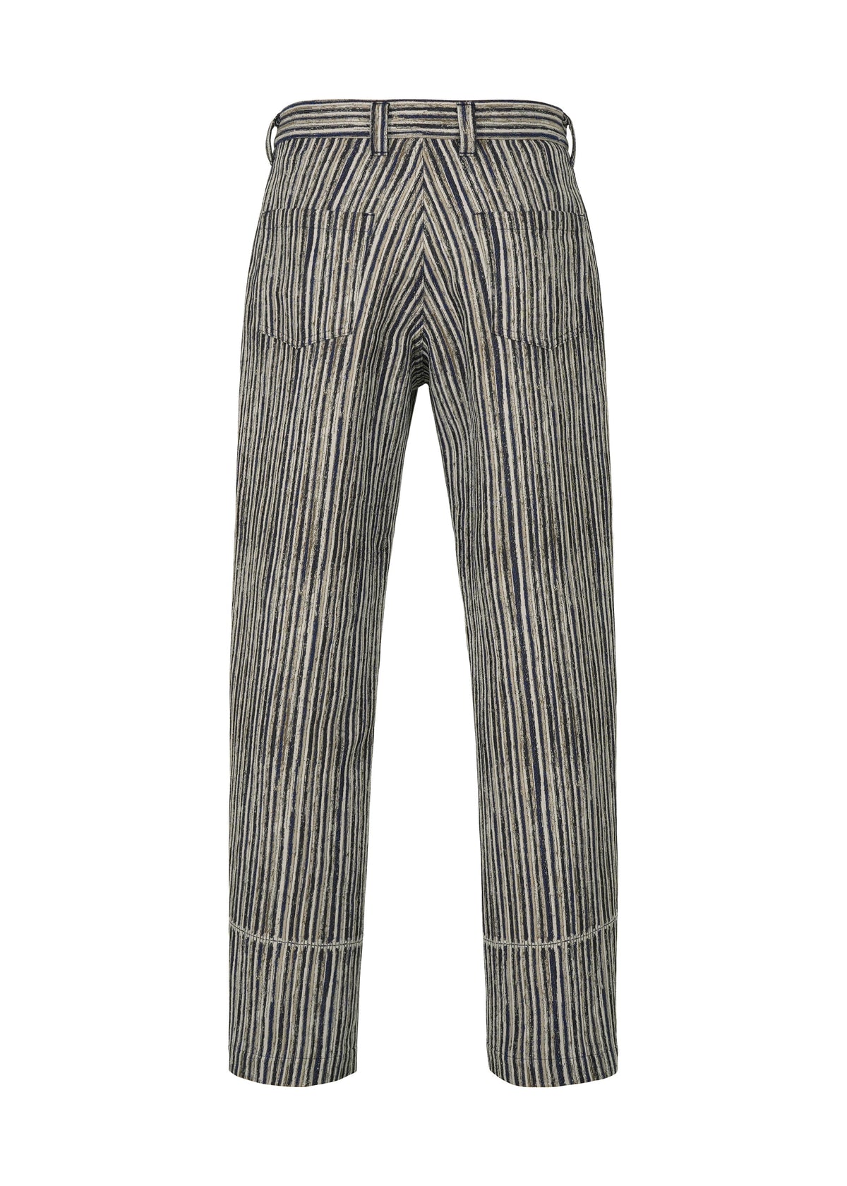 Back view of the IM MEN CURVINESS straight-leg cotton linen pants, featuring vertical navy and white stripes, belt loops, and two rear patch pockets. view 2 of 7