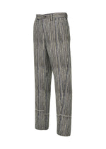 IM MEN’s CURVINESS pants feature a straight-leg fit, ceramic-inspired design with vertical navy and white stripes, belt-loop waistband, side pockets, and front button and zip closure.