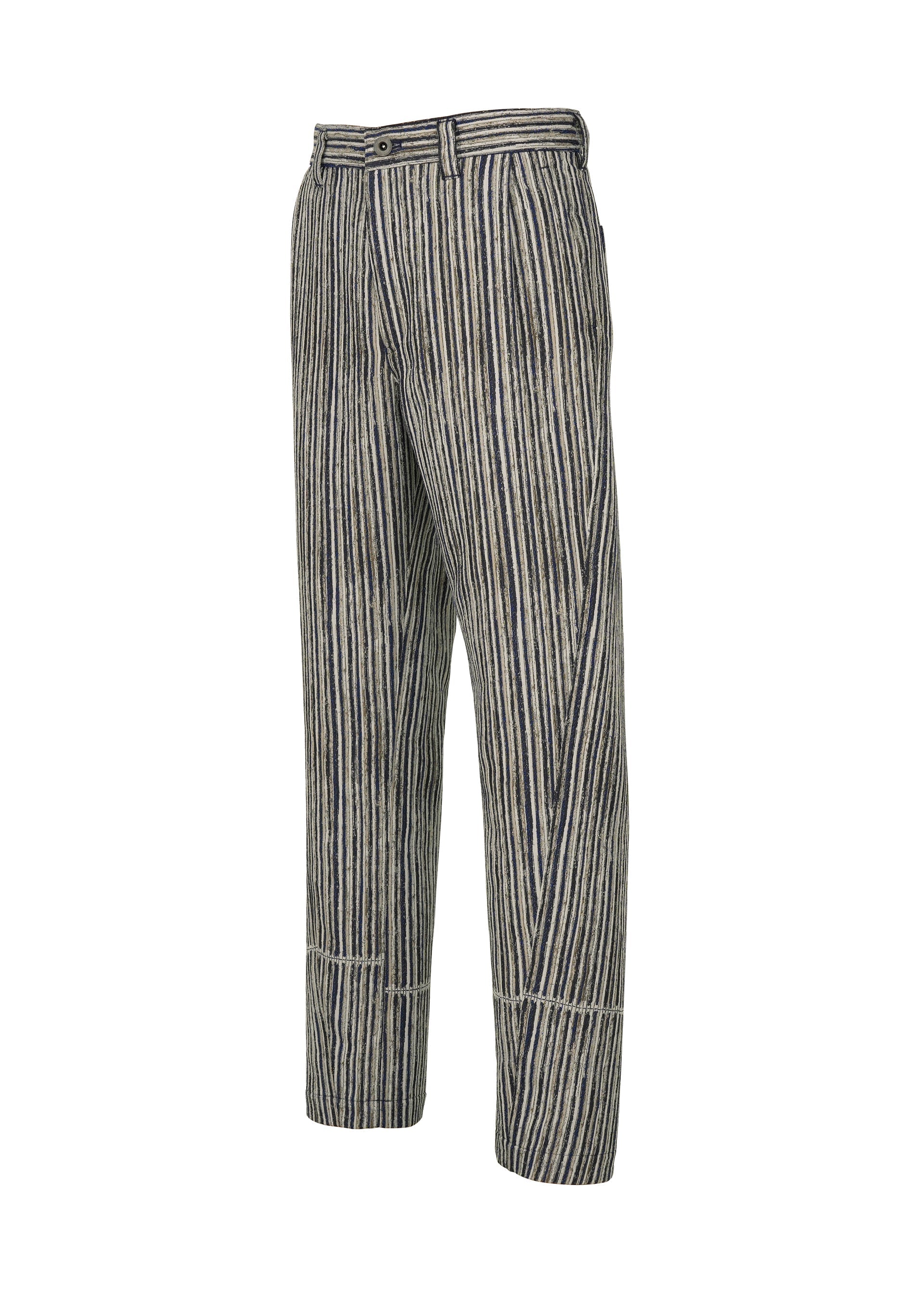 Zoomed view IM MEN’s CURVINESS pants feature a straight-leg fit, ceramic-inspired design with vertical navy and white stripes, belt-loop waistband, side pockets, and front button and zip closure.