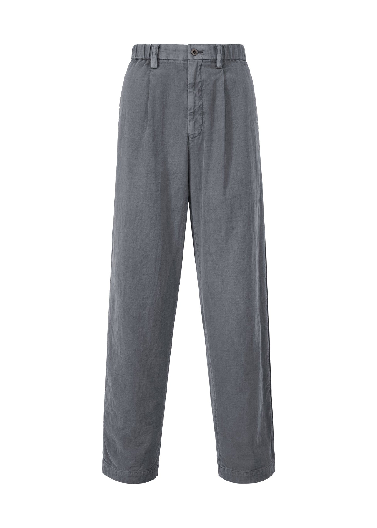 The IM MEN PIGMENT DOUBLE FACE COTTON trousers are loose-fitting, high-waisted, and grey with a soft double-weave texture, button and zip closure, waist pleats, and side pockets. Shown on a plain white background. view 1 of 8