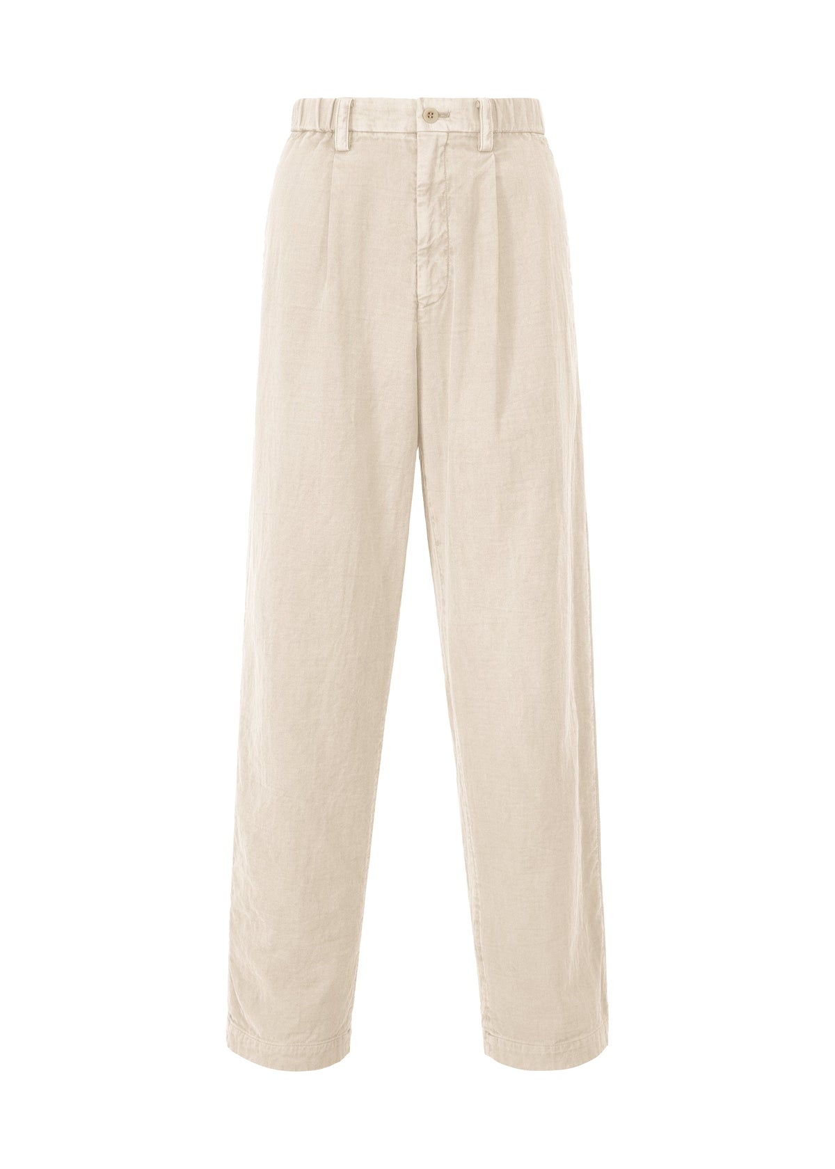 IM MEN's PIGMENT DOUBLE FACE COTTON trousers in beige, made from soft double-weave fabric, feature a relaxed straight-leg fit, button and zipper closure, belt loops, and side pockets. Shown against a white background. view 2 of 8
