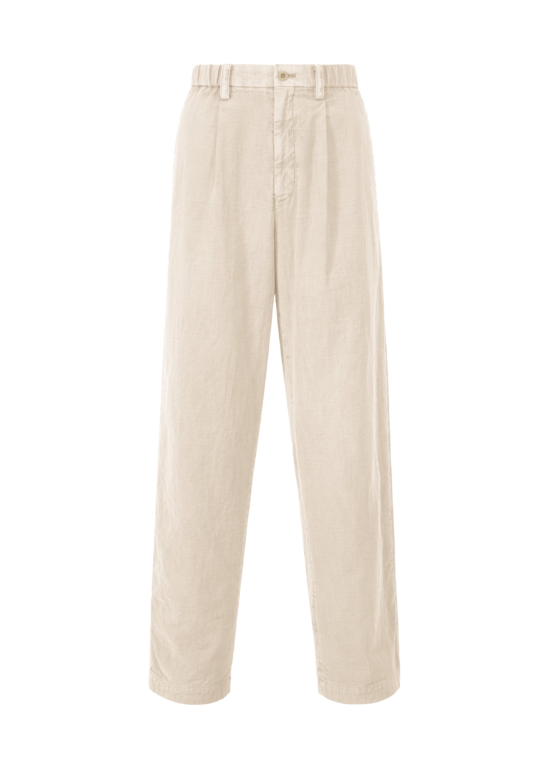 Zoomed view IM MEN's PIGMENT DOUBLE FACE COTTON trousers in beige, made from soft double-weave fabric, feature a relaxed straight-leg fit, button and zipper closure, belt loops, and side pockets. Shown against a white background. - LIGHT BEIGE （no.40）
