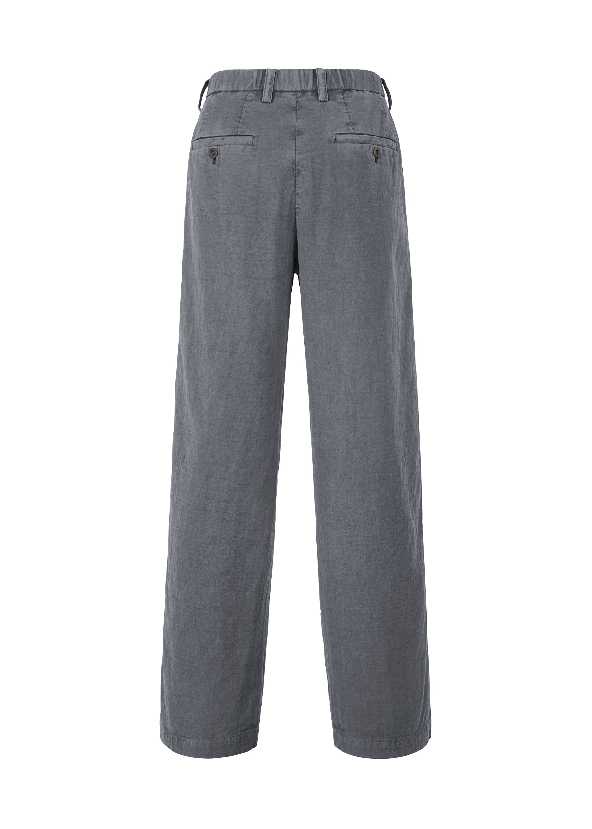 Zoomed view Back view of IM MEN PIGMENT DOUBLE FACE COTTON straight-leg gray pants with elastic waistband, belt loops, and two buttoned back pockets. The lightweight double-weave cotton offers a subtly textured, soft feel.