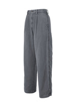 IM MEN’s PIGMENT DOUBLE FACE COTTON pants are loose-fit, gray, with a button and zipper closure, side pockets, and a soft, slightly wrinkled texture. Made from double-weave cotton and shown on a white background.