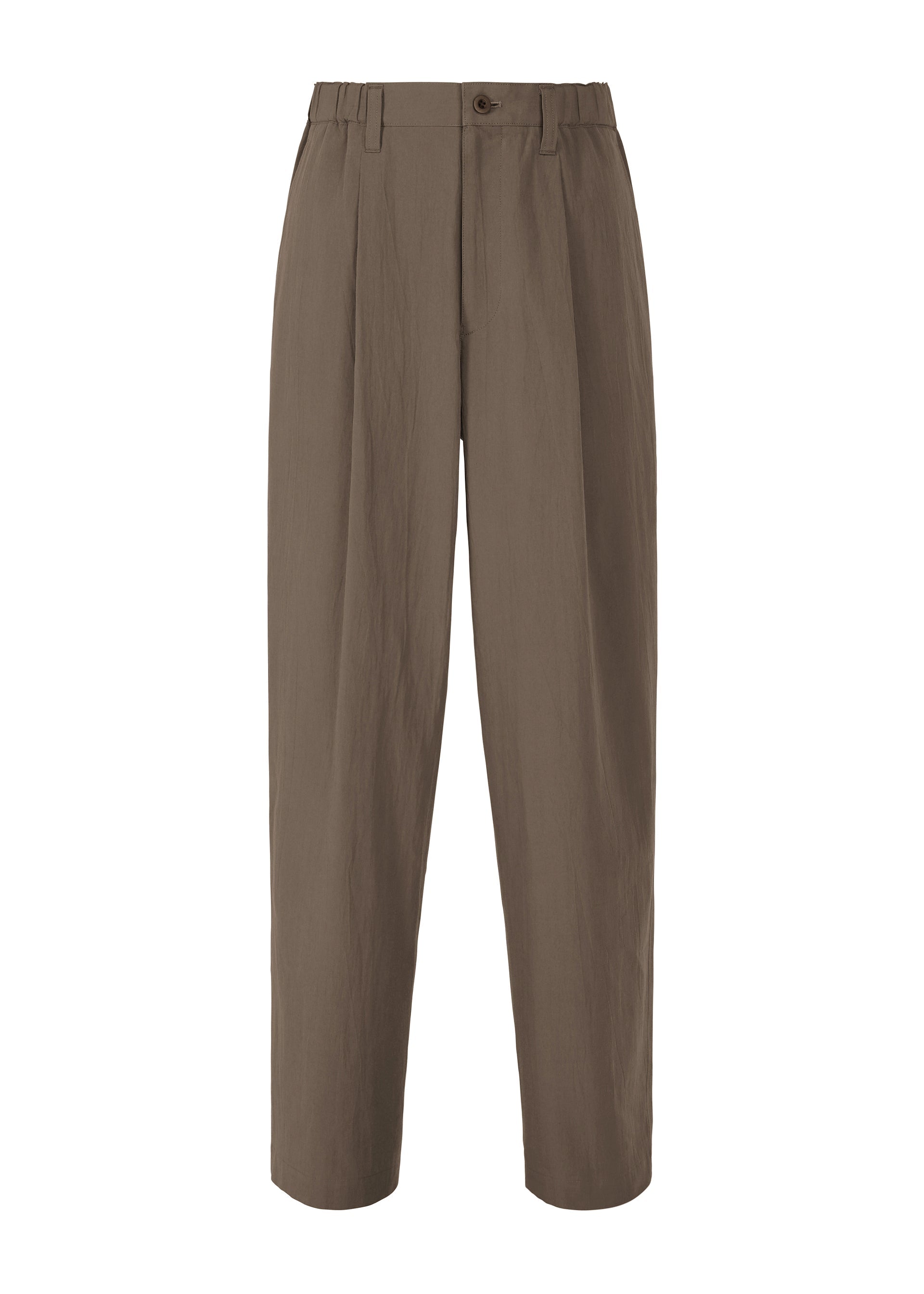 Zoomed view IM MEN NAVY BOTTOMS are straight-leg, high-waisted navy pants in organic cotton with front pleats, belt loops, and a button closure at the waistband, shown on a white background for a sleek look. - DARK BROWN （no.45）