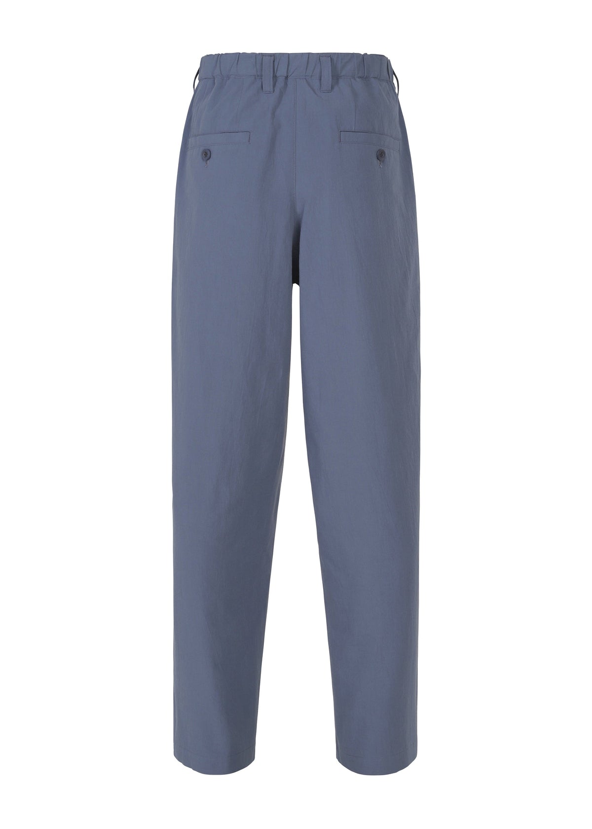 Back view of IM MEN NAVY BOTTOMS, loose-fitting organic cotton pants in navy with an elastic waistband, two buttoned back pockets, and a special wash for extra softness. Displayed on a plain white background. view 3 of 8