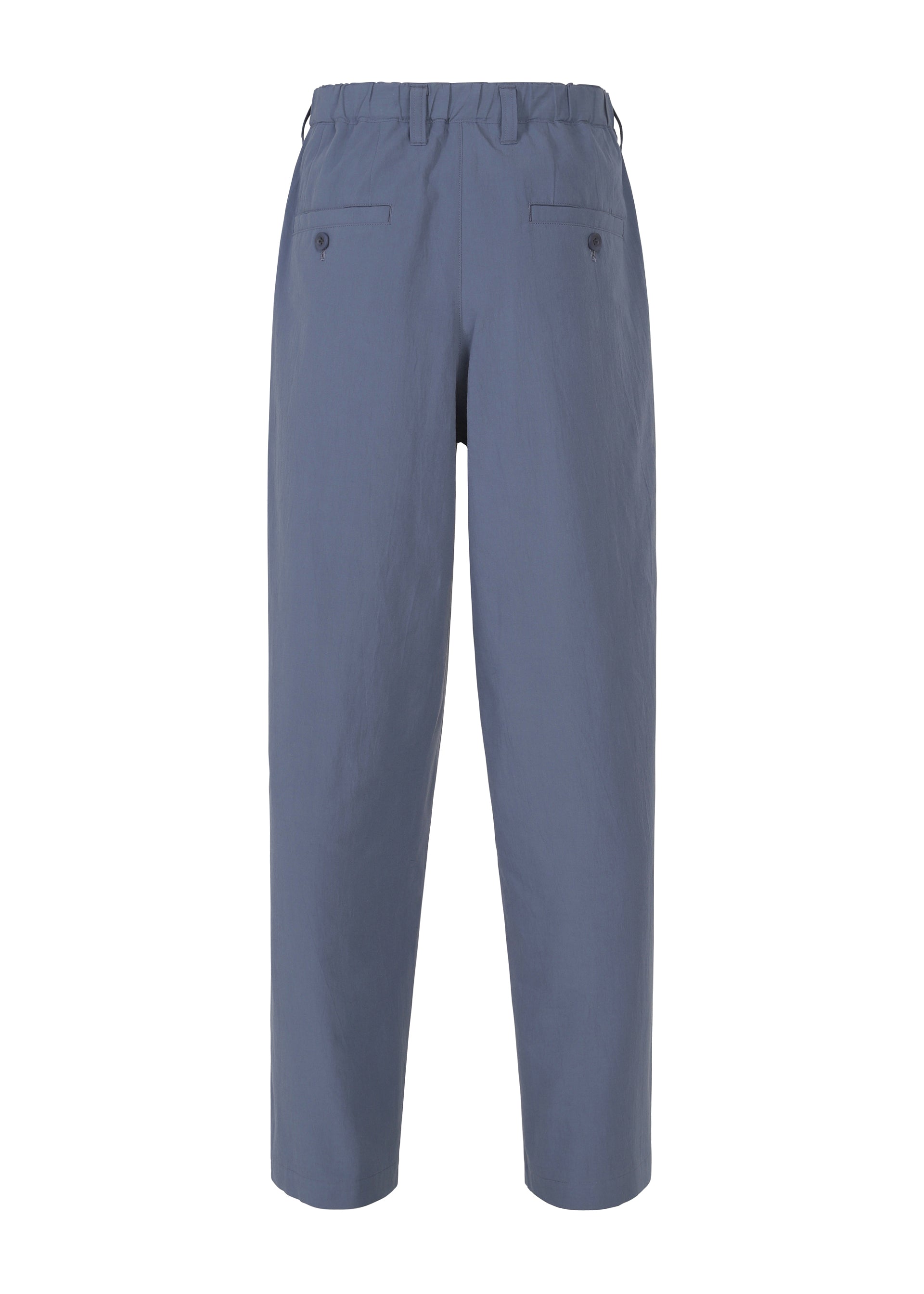 Zoomed view Back view of IM MEN NAVY BOTTOMS, loose-fitting organic cotton pants in navy with an elastic waistband, two buttoned back pockets, and a special wash for extra softness. Displayed on a plain white background.