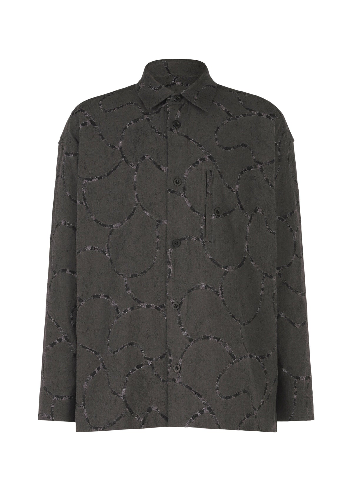 The IM MEN VASE JACQUARD SHIRT is a loose-fit, long-sleeve charcoal gray shirt with a subtle wavy pattern, chest pocket, and classic collar inspired by Shoji Kamoda’s ceramic artistry. view 1 of 7