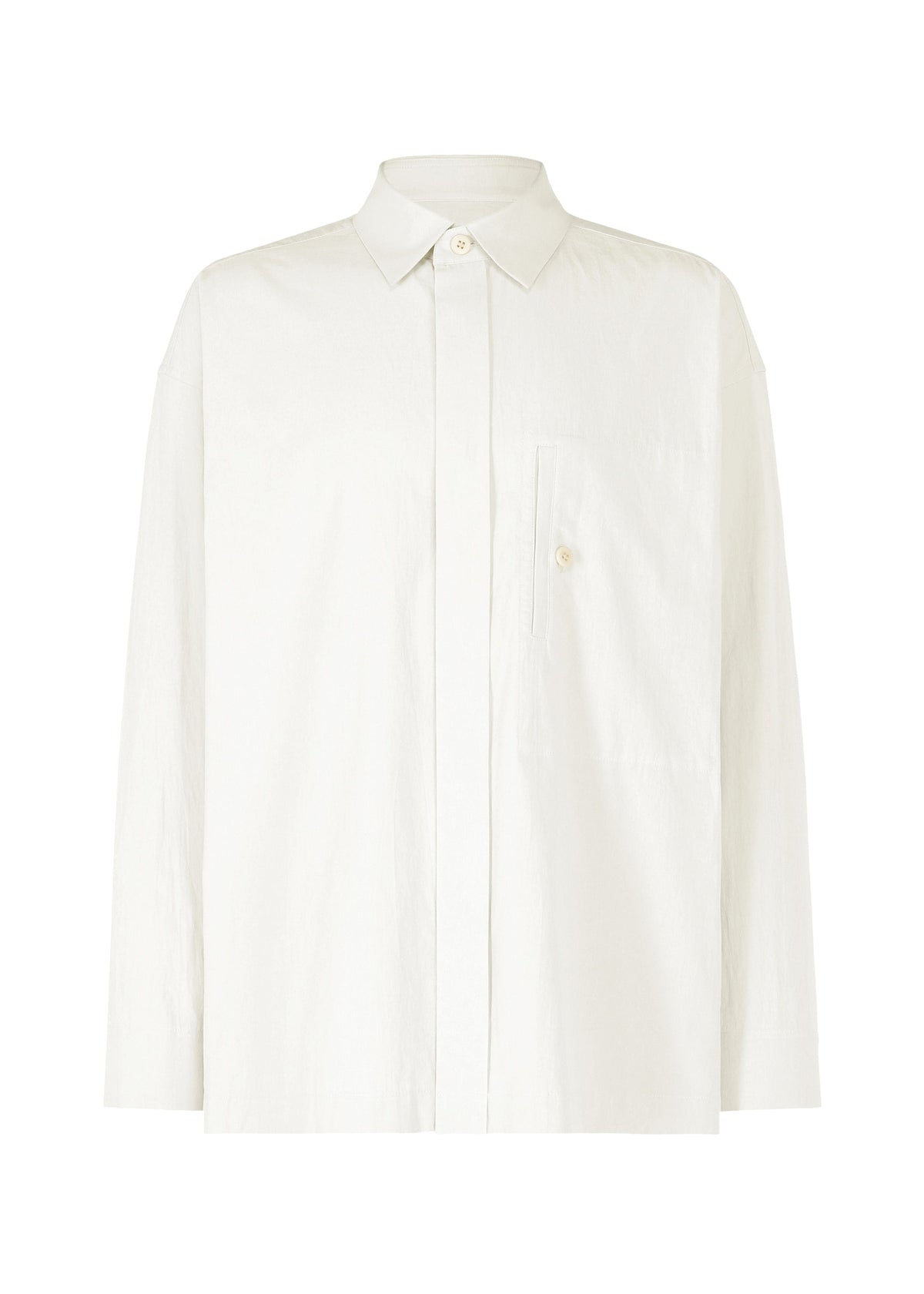 The IM MEN WHITE SHIRT is a classic long-sleeved cotton-linen button-up with a collar and single chest pocket, perfect for formal occasions and shown against a white background. view 1 of 6