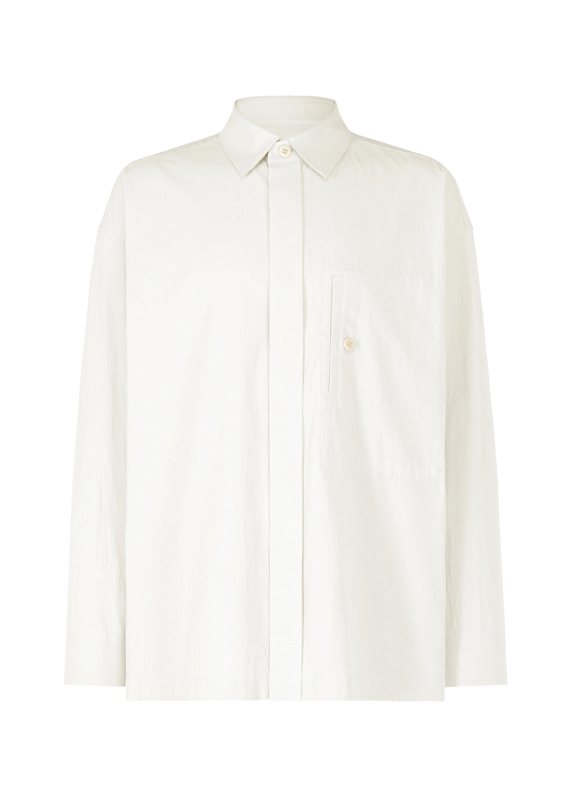 Zoomed view The IM MEN WHITE SHIRT is a classic long-sleeved cotton-linen button-up with a collar and single chest pocket, perfect for formal occasions and shown against a white background. - OFF-WHITE （no.02）