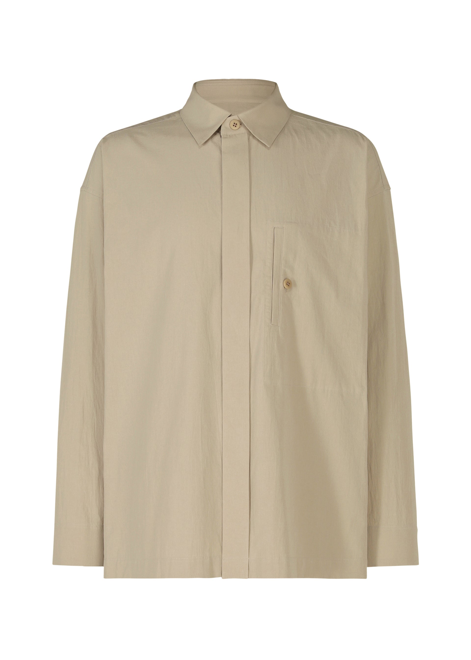 Zoomed view The IM MEN WHITE SHIRT is a long-sleeved cotton-linen blend with a collar and single chest pocket, ideal for formal occasions, shown on a plain white background. - LIGHT BEIGE （no.40）