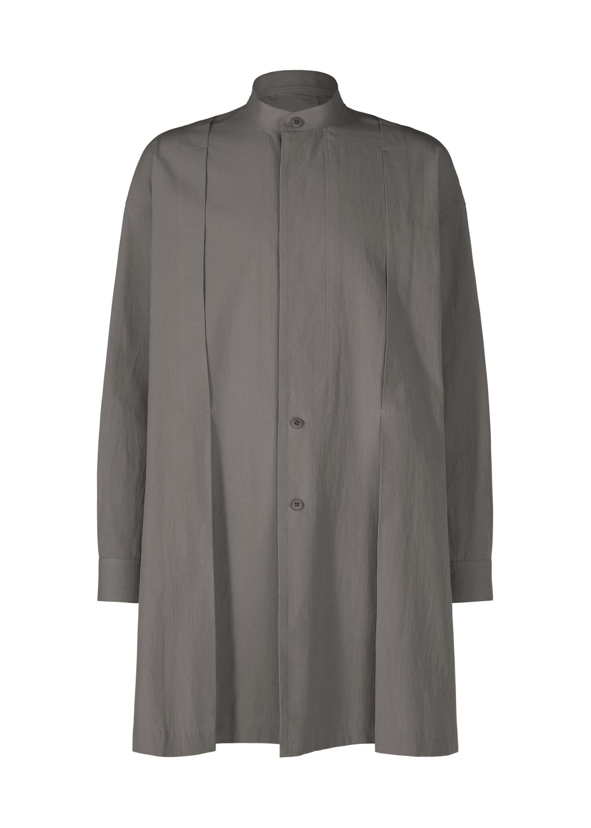 The IM MEN WHITE SHIRT is a long, loose-fitting white shirt with a stand collar, button-down front, and long sleeves. Its minimalist design features stitched vertical pleats, ideal for formal occasions. view 2 of 8