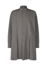 The IM MEN WHITE SHIRT is a long, loose-fitting white shirt with a stand collar, button-down front, and long sleeves. Its minimalist design features stitched vertical pleats, ideal for formal occasions. - GRAY （no.12）