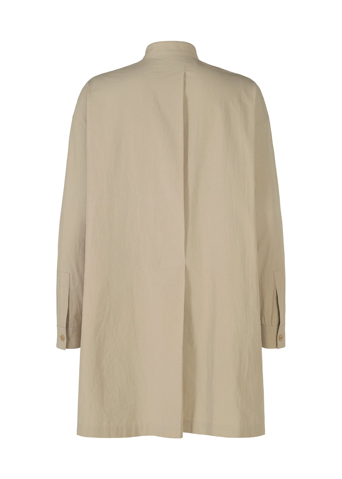 A white, long-sleeved cotton linen WHITE SHIRT by IM MEN with a relaxed fit shown from the back. It has a straight back seam, stand-up collar, buttoned cuffs, and lightweight fabric ideal for formal occasions. view 3 of 8