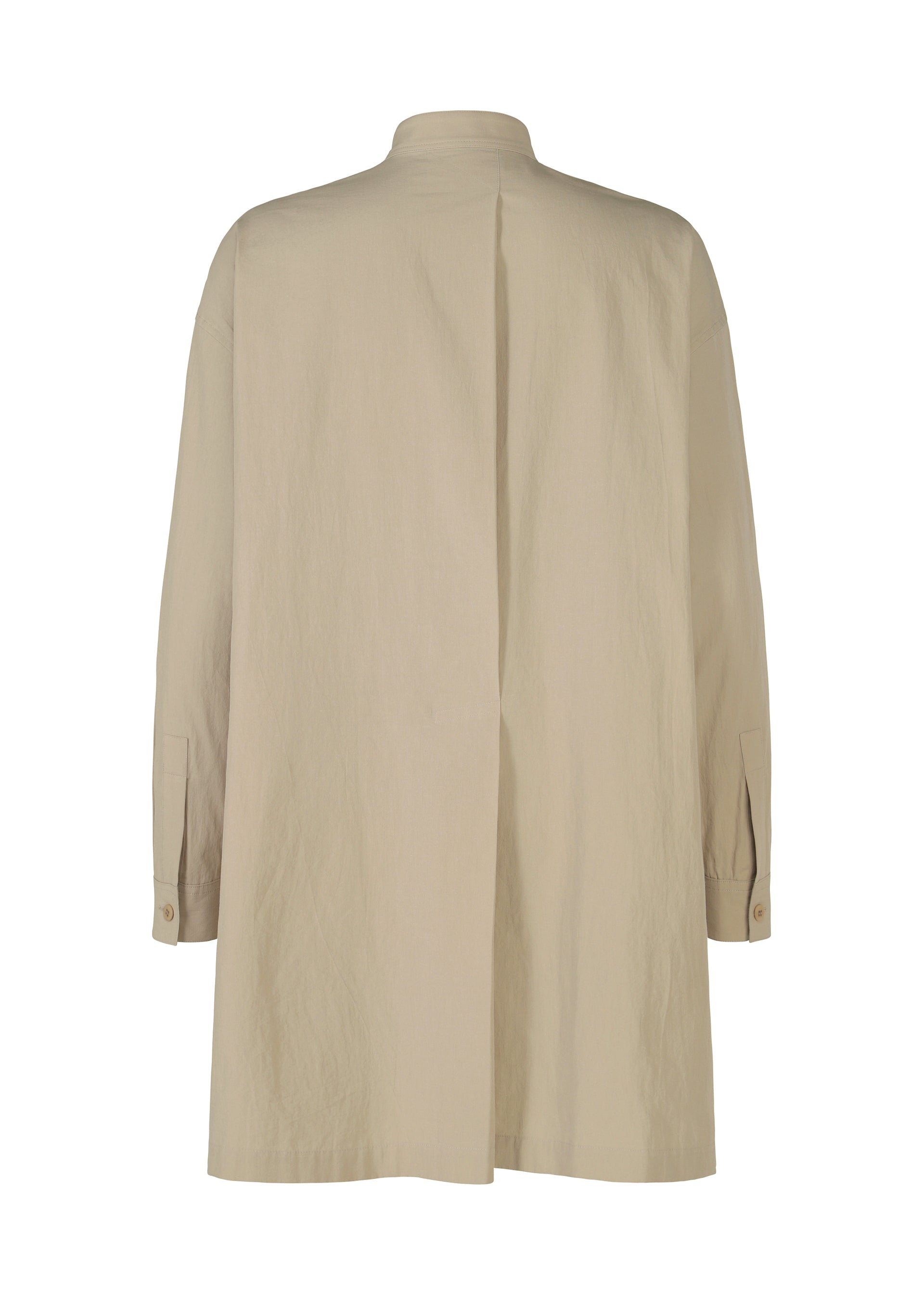 Zoomed view A white, long-sleeved cotton linen WHITE SHIRT by IM MEN with a relaxed fit shown from the back. It has a straight back seam, stand-up collar, buttoned cuffs, and lightweight fabric ideal for formal occasions.