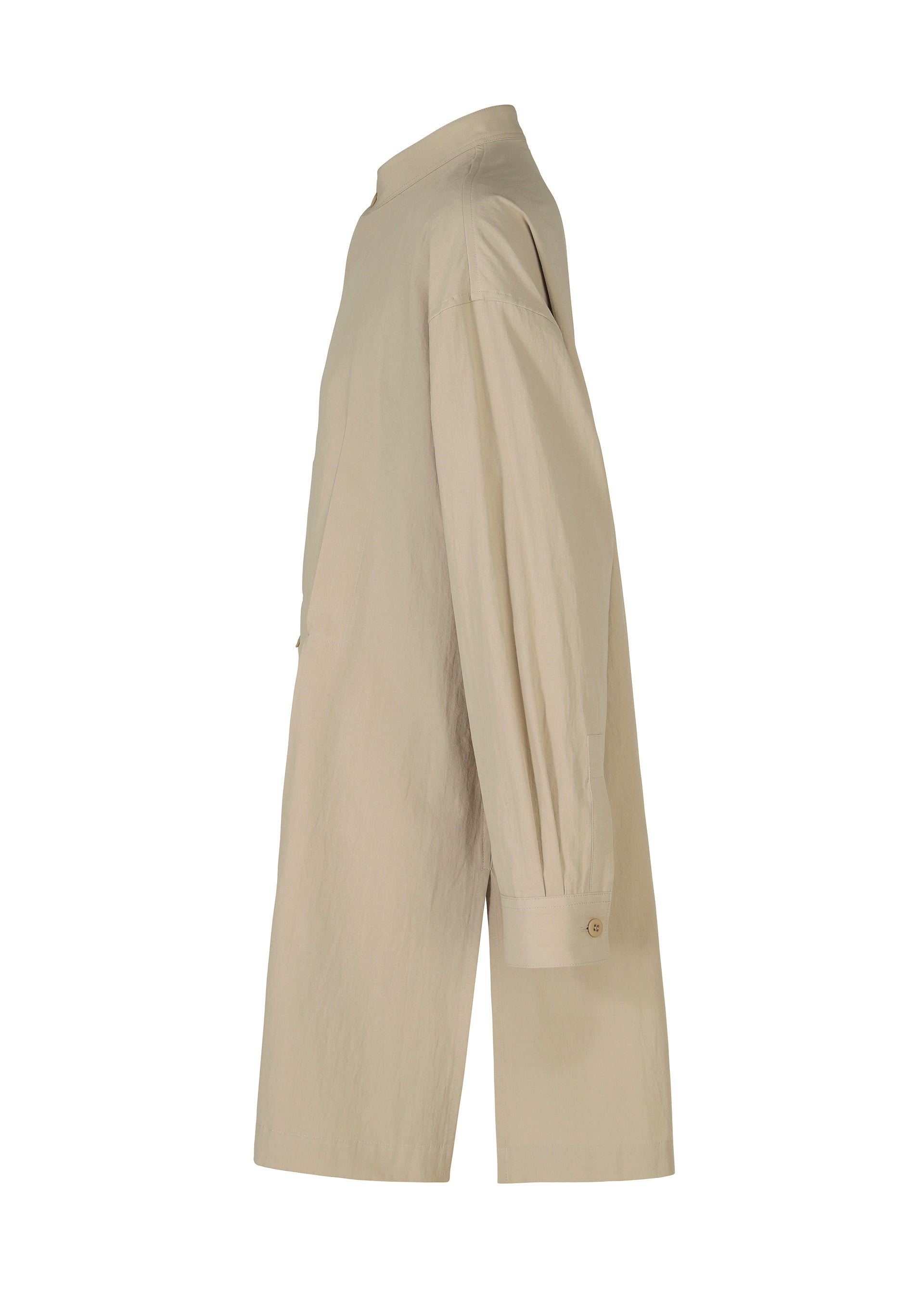 Zoomed view The WHITE SHIRT by IM MEN is a white cotton-linen long shirt with a mandarin collar, relaxed fit, buttoned cuffs, and a straight hem to mid-thigh—perfect for formal occasions or smart-casual wear.