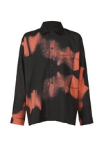 The IM MEN ITAJIME SHIRT is a relaxed-fit, long-sleeve button-up with bold orange geometric tie-dye on a black base, featuring a pointed collar and inspired by traditional Kyoto Itajime Shibori techniques. - RED （no.24）