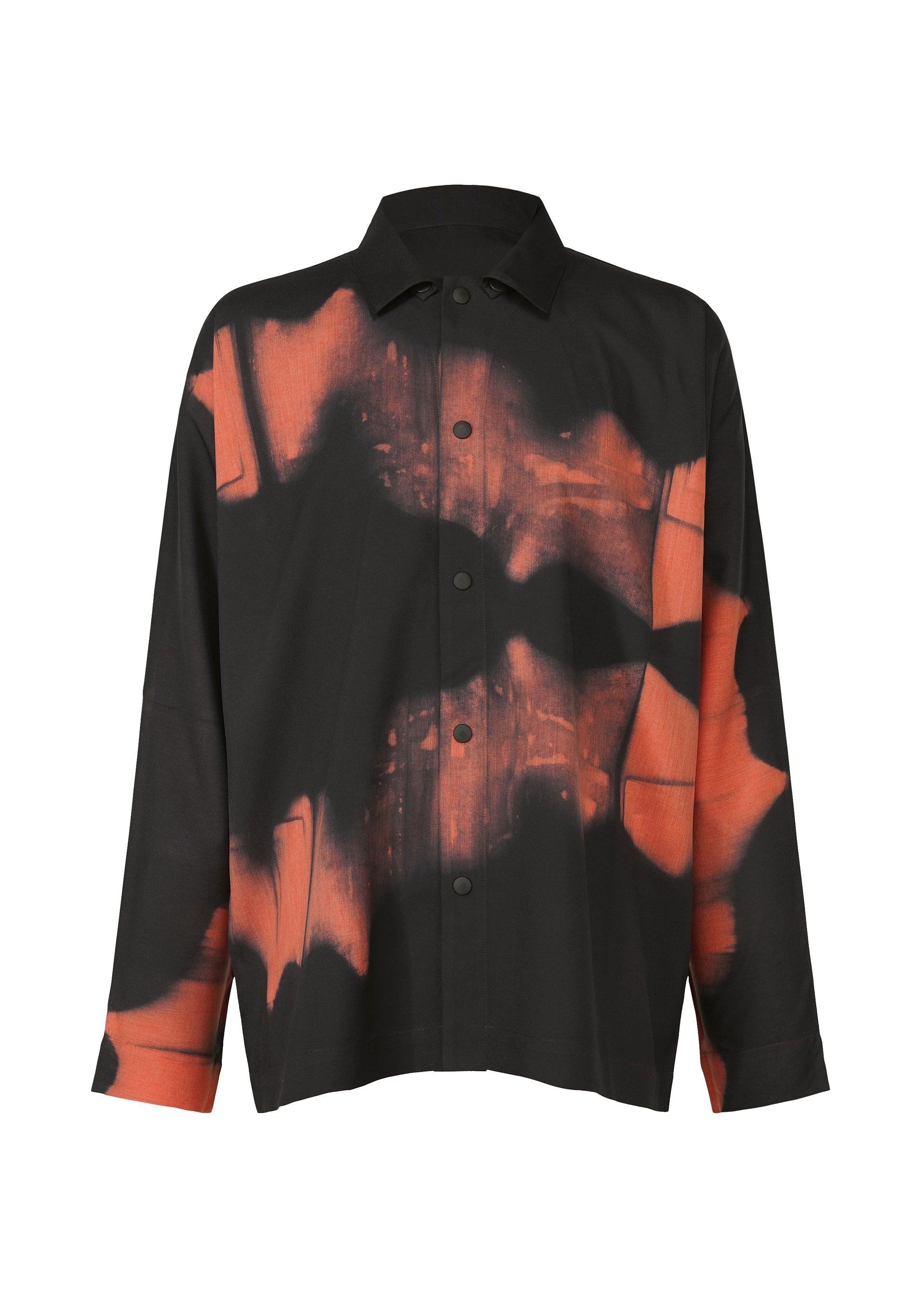 Zoomed view The IM MEN ITAJIME SHIRT is a relaxed-fit, long-sleeve button-up with bold orange geometric tie-dye on a black base, featuring a pointed collar and inspired by traditional Kyoto Itajime Shibori techniques. - RED （no.24）
