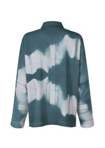 The ITAJIME SHIRT by IM MEN features a long-sleeved, collared design with a teal and white geometric tie-dye pattern, loose sleeves, and a boxy silhouette inspired by Kyoto dyeing techniques. Shown from the back.