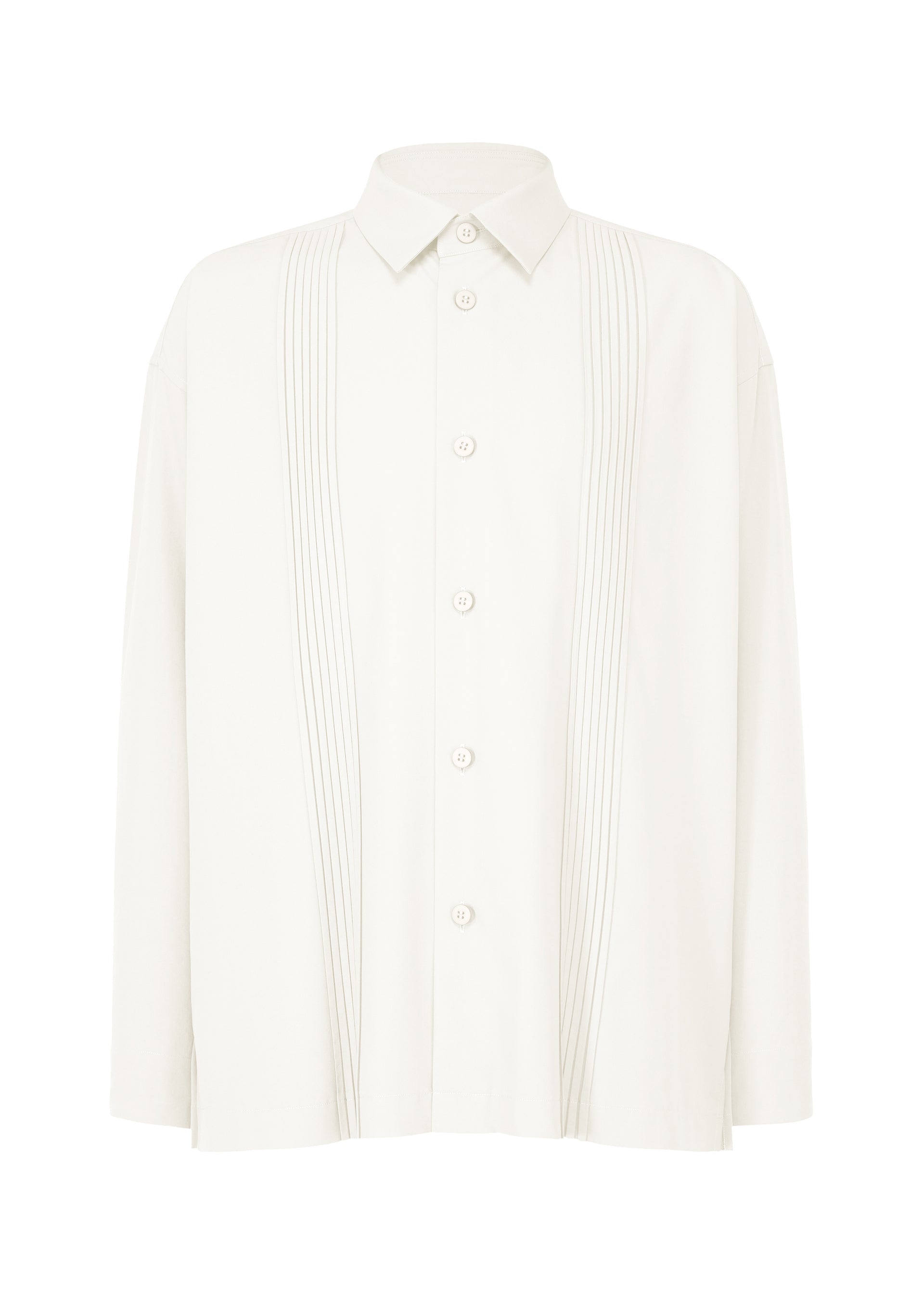 Zoomed view The IM MEN PLEATS SHIRT is a long-sleeved, white shirt with a collar and subtle vertical pin-tuck details. Made from recycled polyester, it offers a relaxed, loose fit and soft texture. - OFF-WHITE （no.02）