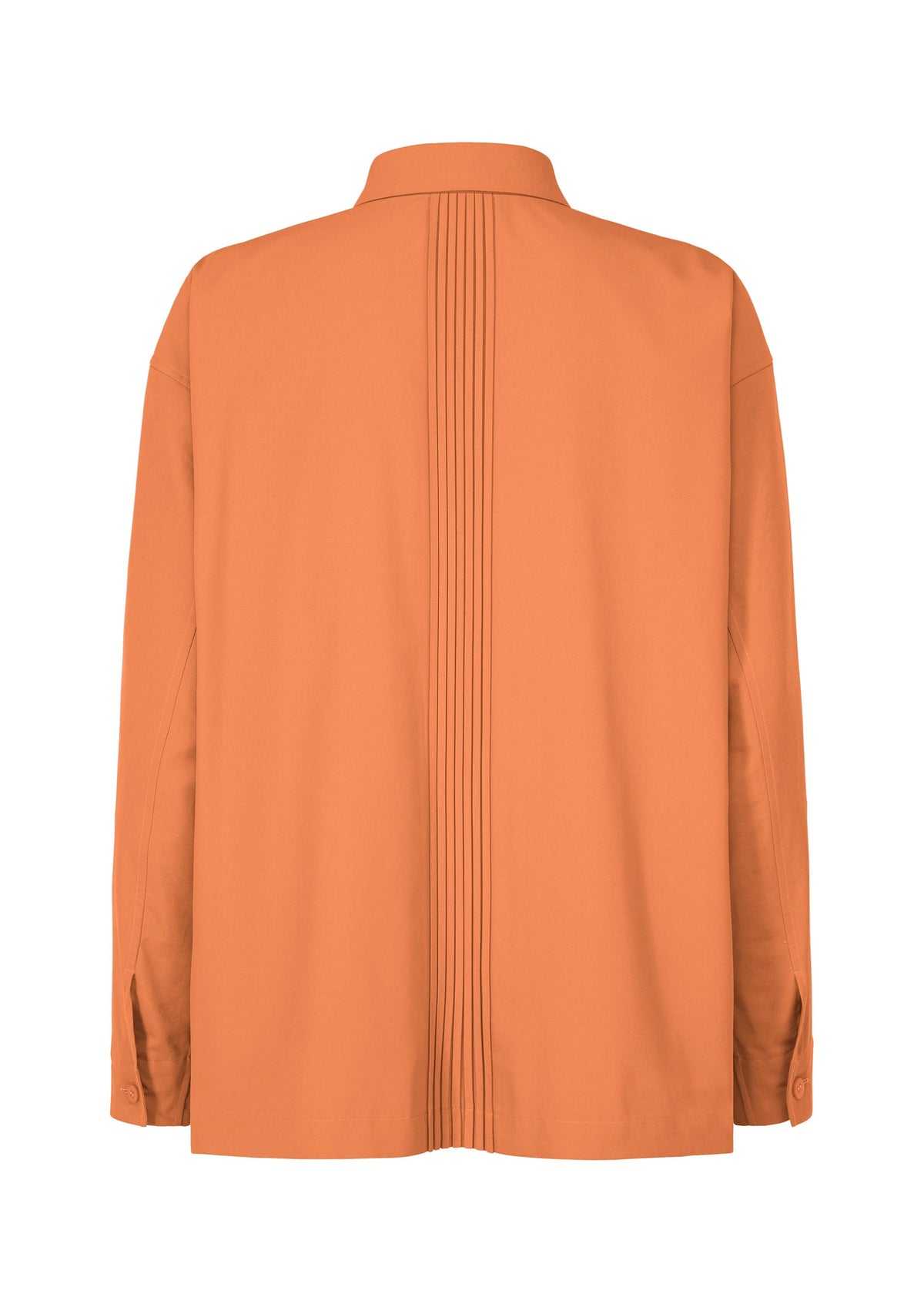 Back view of the IM MEN PLEATS SHIRT in burnt orange, showcasing a collar, buttoned cuffs, and a central vertical pleat that adds both style and soft texture. view 2 of 7