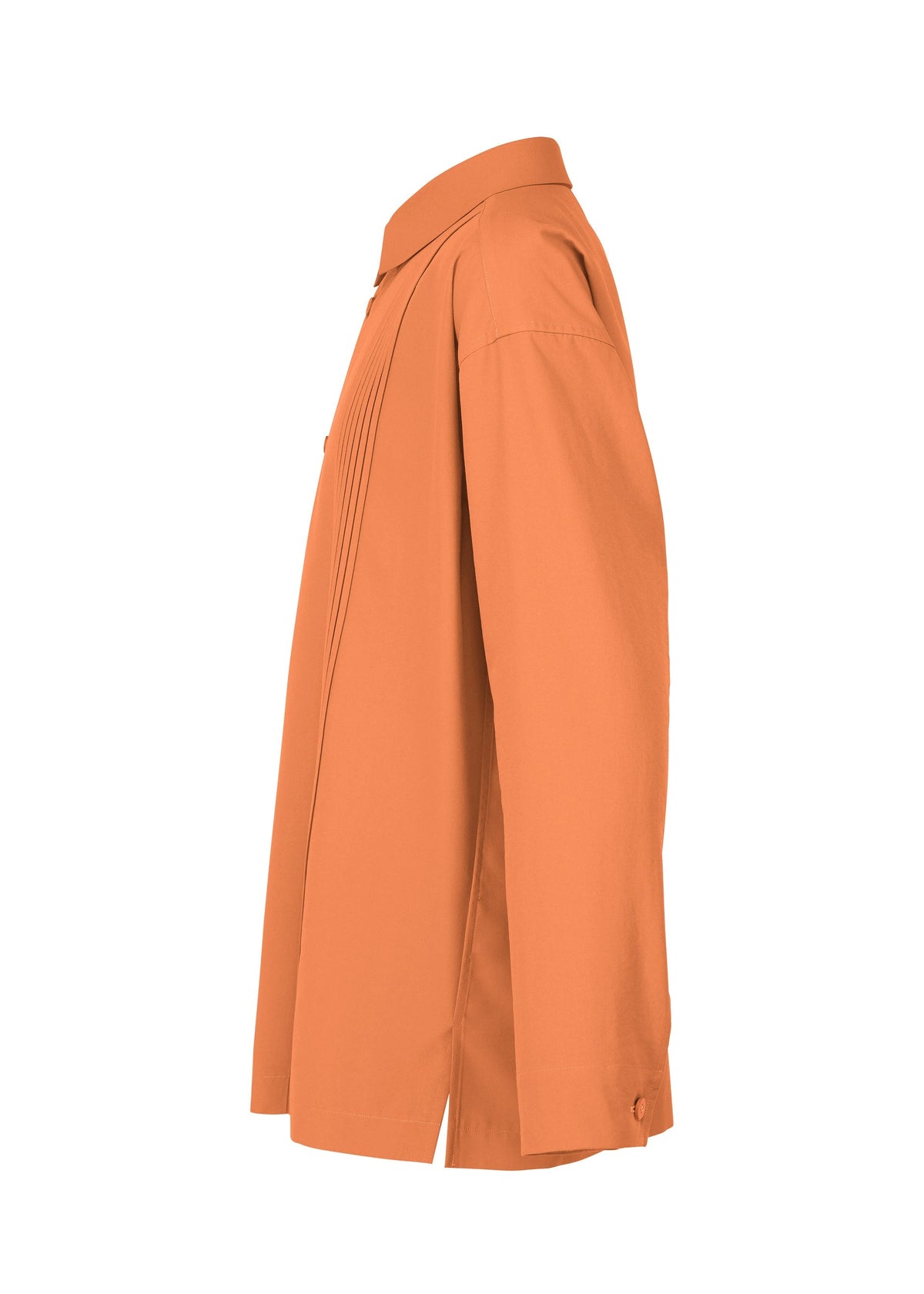 Side view of the IM MEN PLEATS SHIRT, a loose-fitting, long-sleeved orange button-up with collar and soft recycled polyester pleats. Shirt is untucked and shown against a white background. view 3 of 7