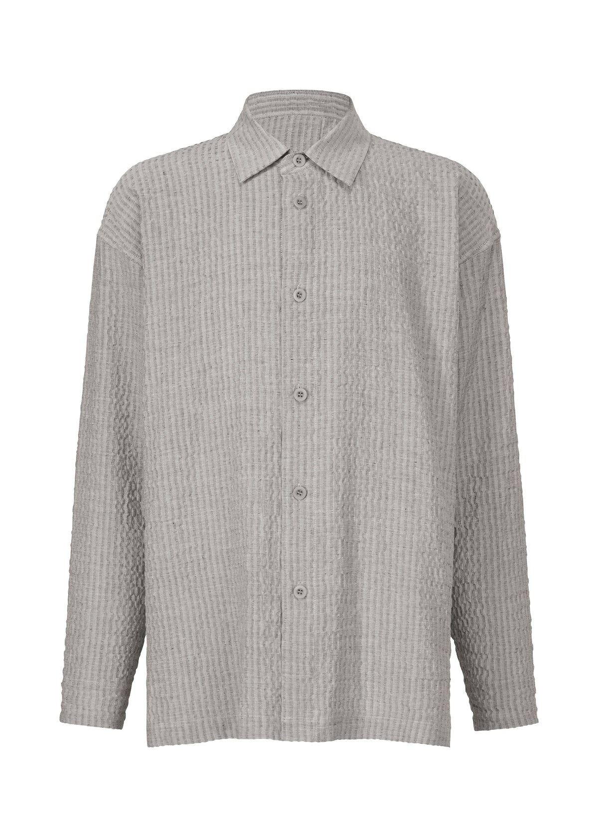 The IM MEN STRIPE LINEN SHRINK is a long-sleeved, light gray linen shirt featuring a subtle textured waffle pattern, pointed collar, and relaxed fit, shown on a plain white background. view 1 of 9