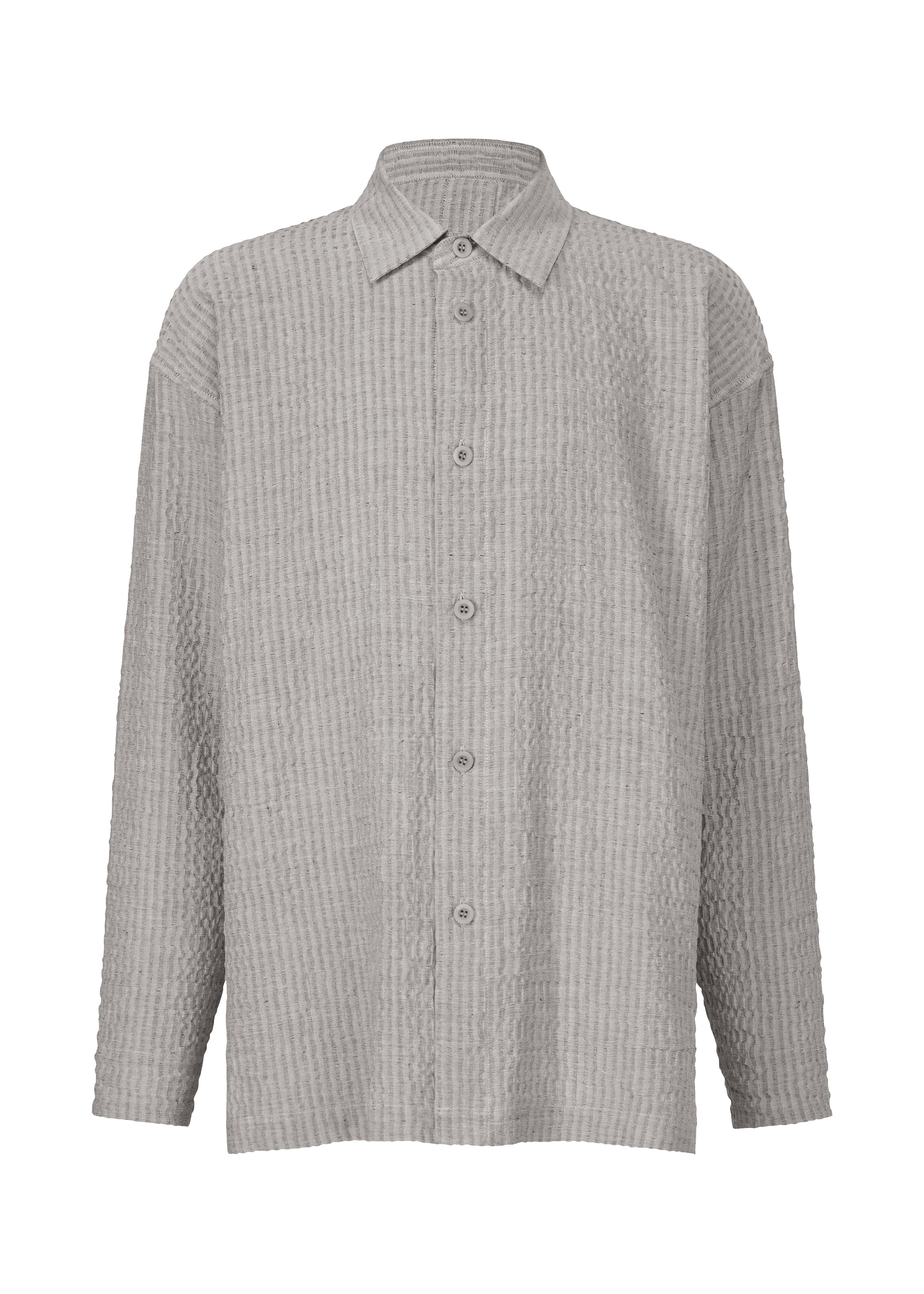 Zoomed view The IM MEN STRIPE LINEN SHRINK is a long-sleeved, light gray linen shirt featuring a subtle textured waffle pattern, pointed collar, and relaxed fit, shown on a plain white background. - GRAY （no.12）
