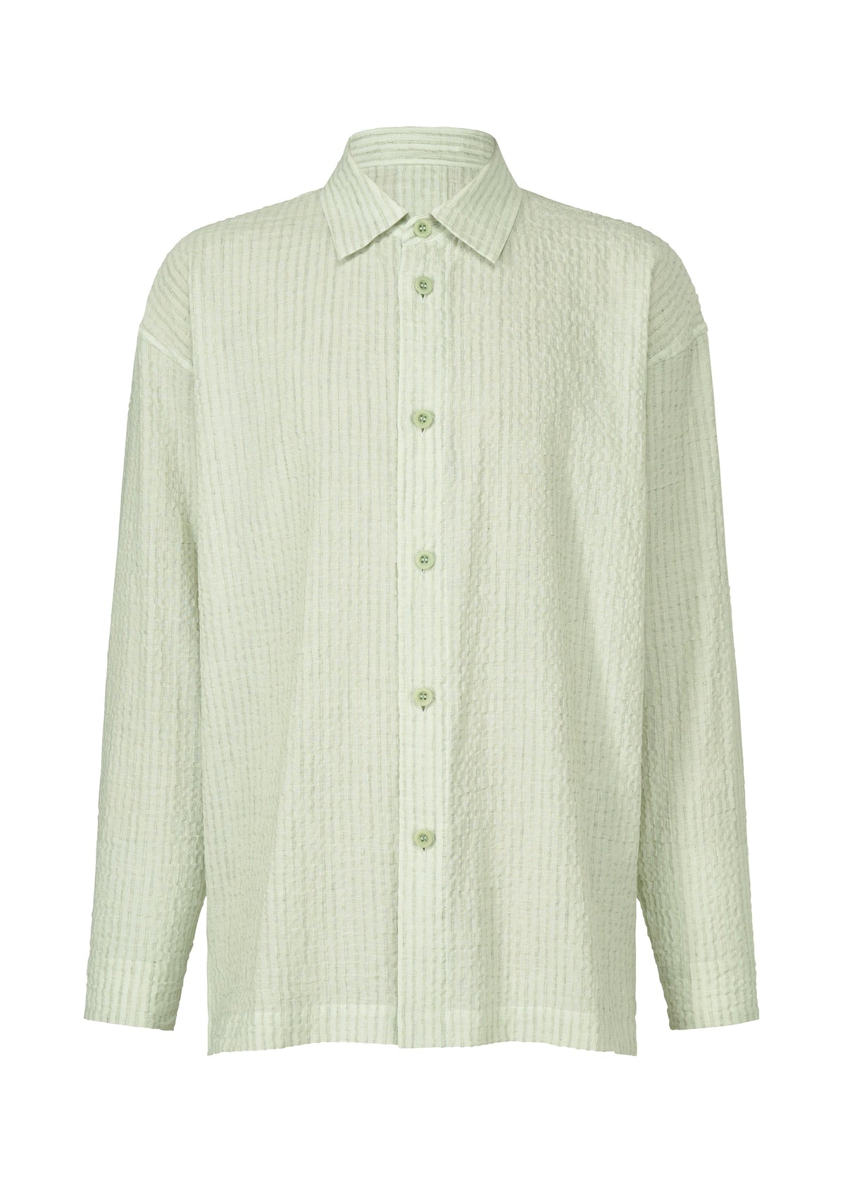 The IM MEN STRIPE LINEN SHRINK is a light green long-sleeve shirt made from textured, slightly crinkled linen with a classic collar, shown against a plain white background. view 2 of 9